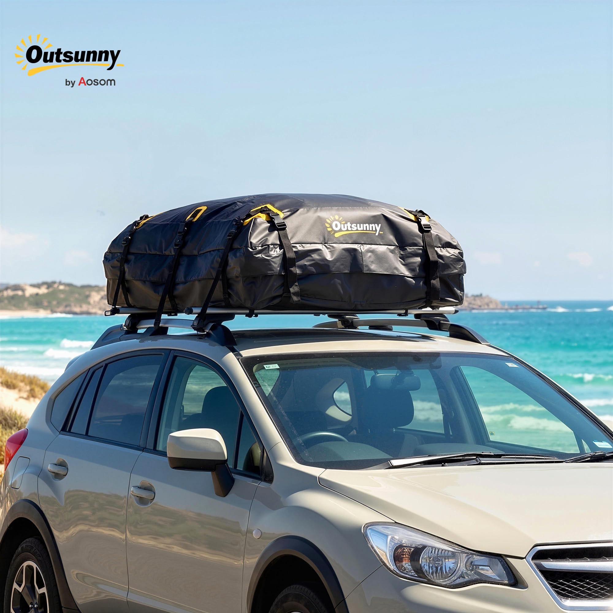 Outsunny Sac de Toit Voiture Étanche 21 Pieds Cubes Coffre de Toit Souple Universel - Grand Sac de Voyage avec 10 Sangles et Cadenas - Porte-Bagages de Toit pour Auto SUV et Camping en Famille, Noir