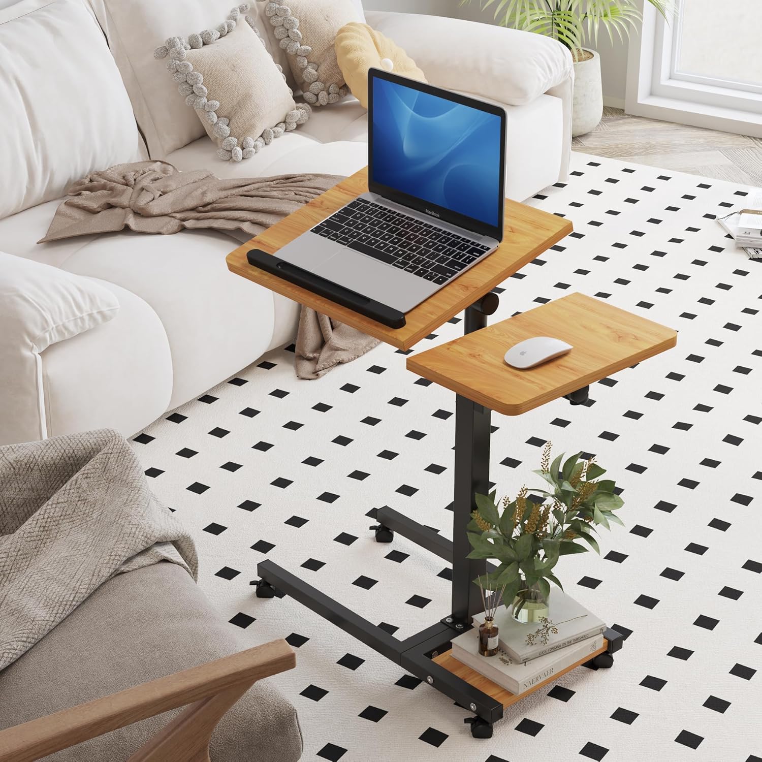 Mobile Height Adjustable Laptop Desk with Mouse Pad, Portable Laptop Desk Rolling Tiltable Table with Small Side Table for Couch,Rolling Computer Stand
