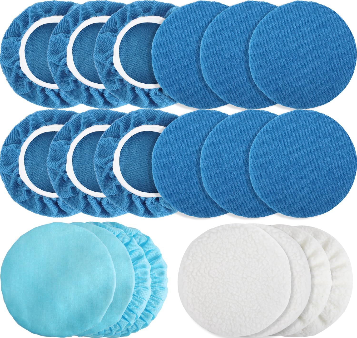 20 Pieces Polishing Bonnet Pads,Car Polisher Pad Bonnet 7-8 Inch, Car Buffer Bonnets Microfiber Bonnet Waxers Bonnet Set,Mix Pack 12 Microfiber 4 Non Woven 4 Woolen for Car Polisher