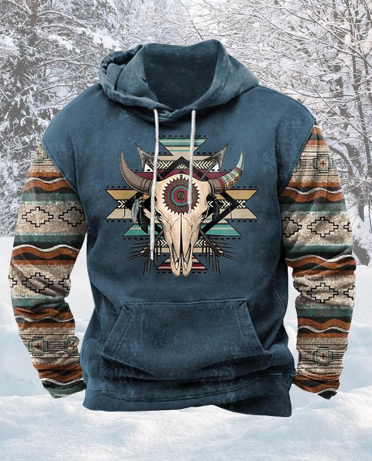 Zhyaj Western Hoodie for Men Aztec Cowboy Printed Drawstring Pullover Hooded Sweatshirt Mens Comfy Fleece Sweatshirt - Image 5