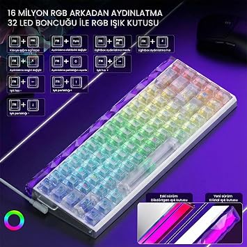 Aula Hero 68 He Manyetik Klavye Rapid Trigger Silver Switch 8000Hz RGB Neon TKL Hot Swap Oyuncu Klavyesi Şeffaf