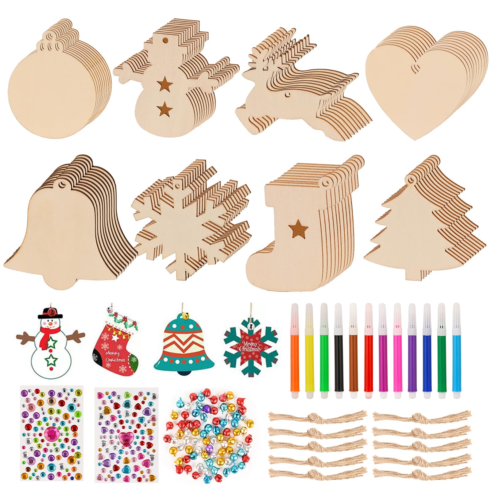 Queta 80pcs Christmas Tree Decoration DIY Hanging Ornaments Painting Set - Wooden Baubles with Holes, Unfinished Wooden Slices, Colorful Bells, Watercolor Pens, Stickers