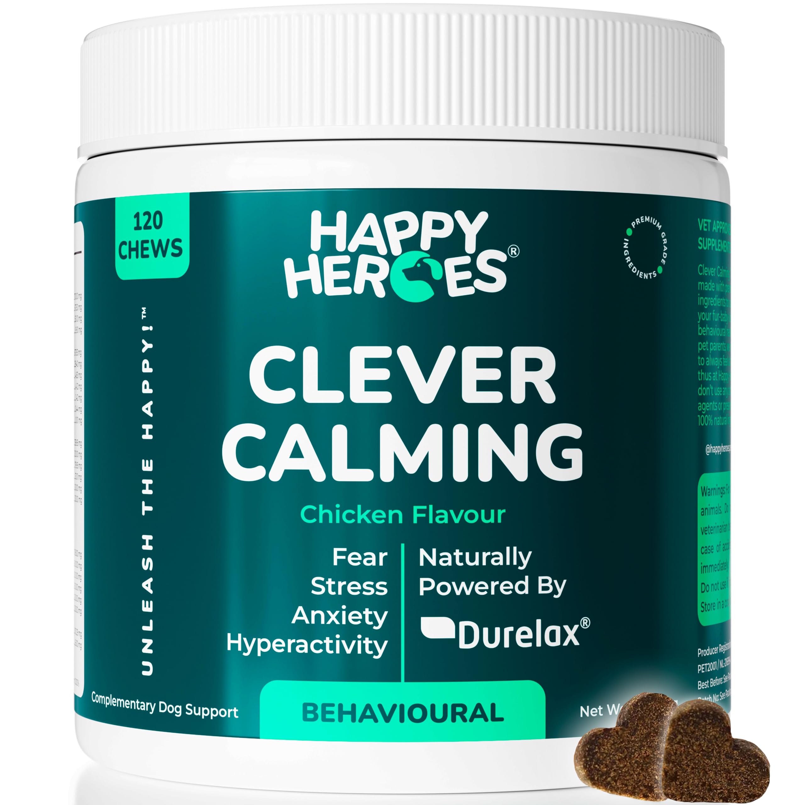 Clever Calming Dog Treats, 100% Natural Supplement, Behavioural Health, For Dog Anxiety Relief, Stress, Fear, Hyperactivity, Reactivity, Aggression. Clinically Powered By Durelax.