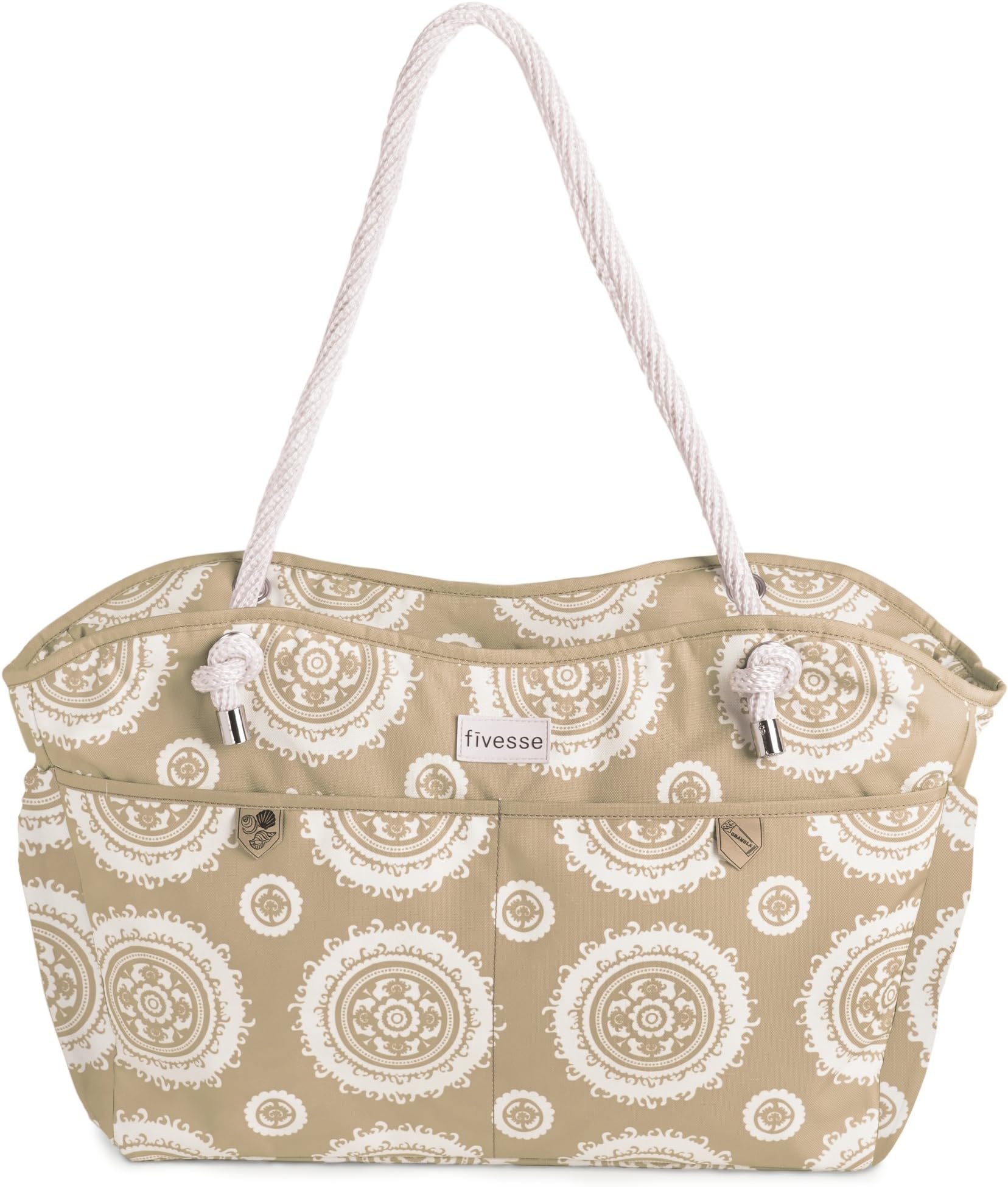 Large 20" Waterproof Beach Bag and Tote with 8 Pockets, Tan Sun Pattern and Waterproof Zipper