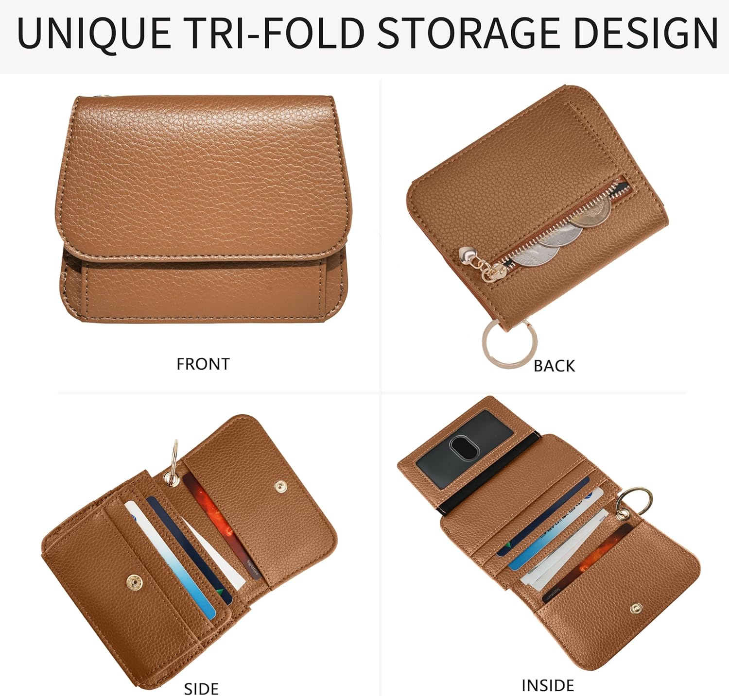 Women Small Wallet RFID Blocking Slim Wallet with Coin Pocket Tri-Fold Credit Card Holder with ID Window and Keychain(Camel) - Image 4
