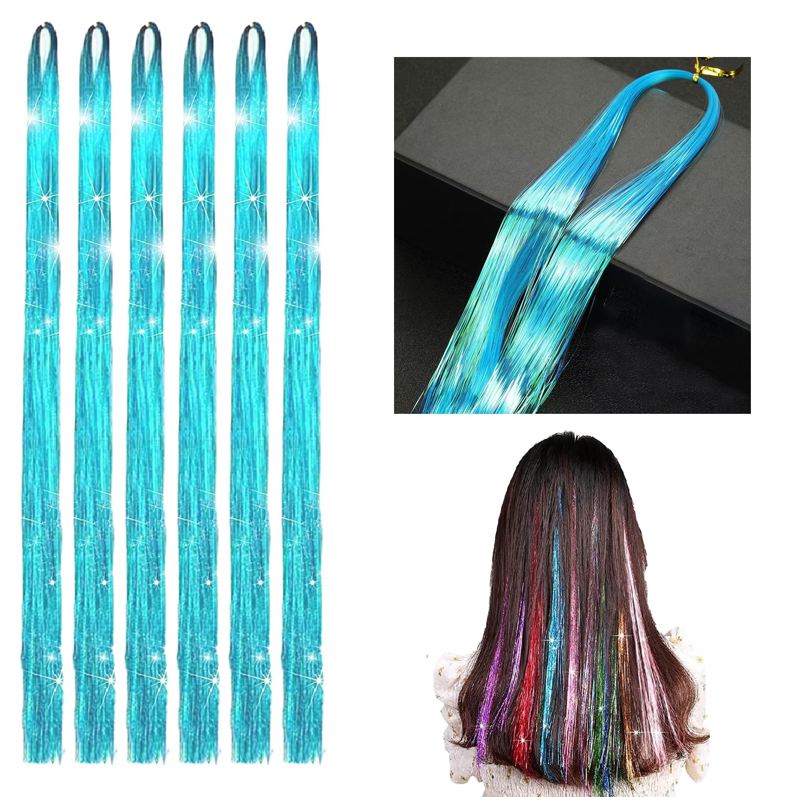 6 Pcs Phantom Blue Glitter Hair Extensions, Straight Tinsel Kit, Colorful Hair Accessories for Women & Girls