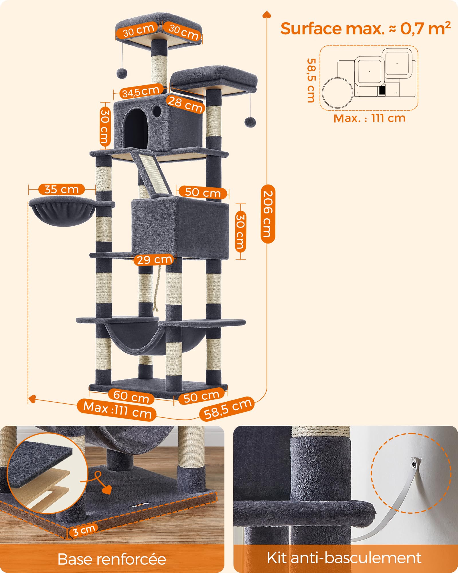 Feandrea Arbre à Chat, Hauteur 206 cm, avec 13 Griffoirs, 2 Plate-Forme, 2 Niches, Panier, Hamac, Pompon, Tissu Peluche, Multi-Niveaux pour Chat d'Intérieur, Gris Foncé PCT190G01