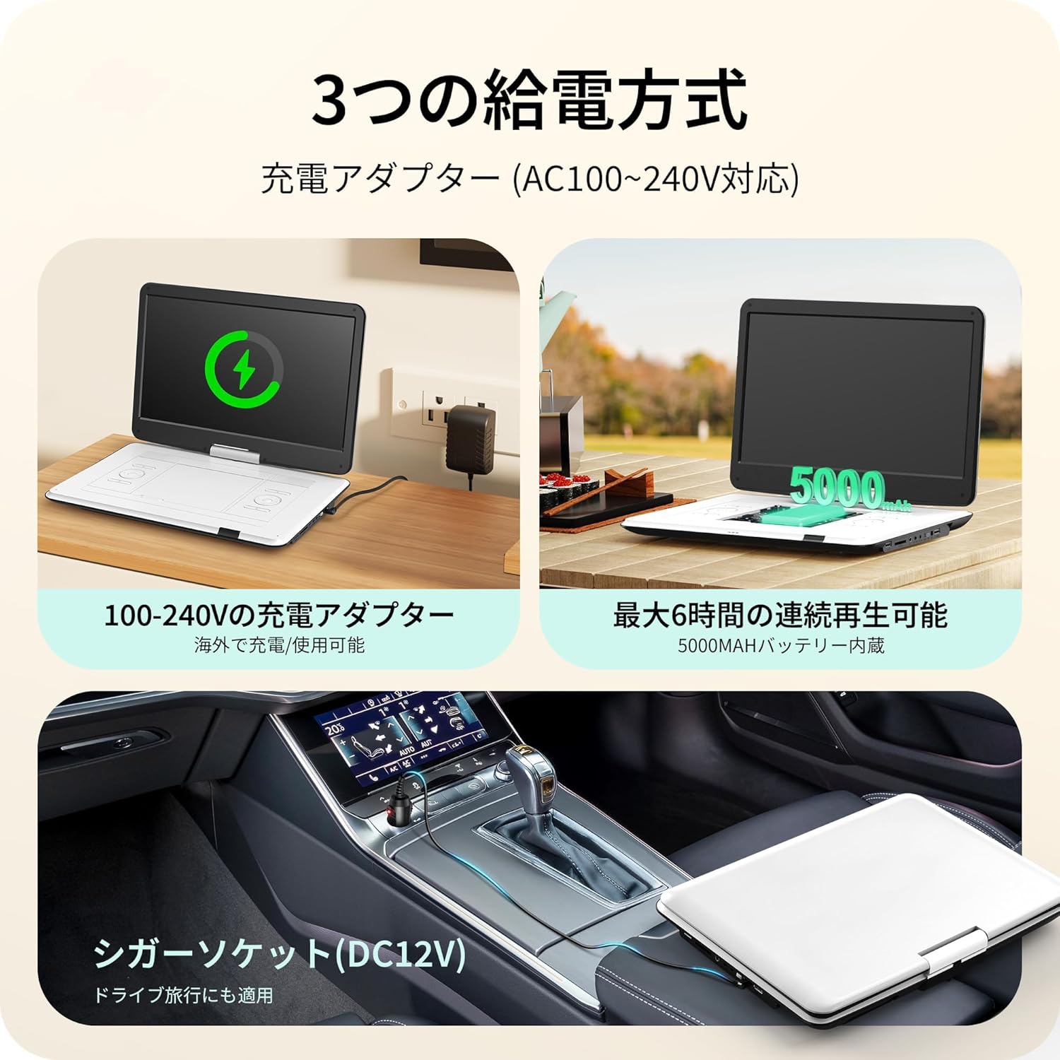 Three power supply methods for Surfola Portable DVD Player