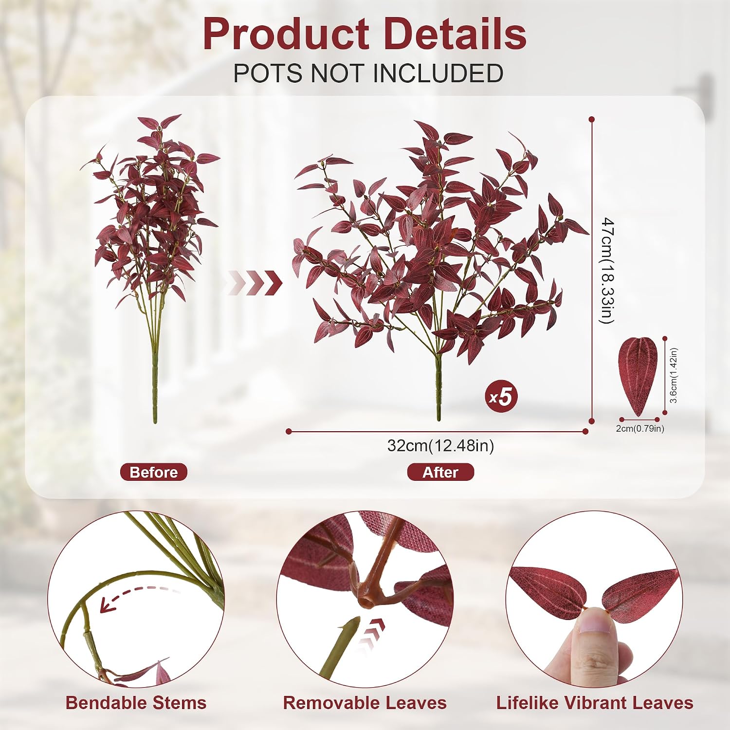 Ivydale Fall Artificial Outdoor Plants UV Resistant 5 Pcs, Burgundy image 2