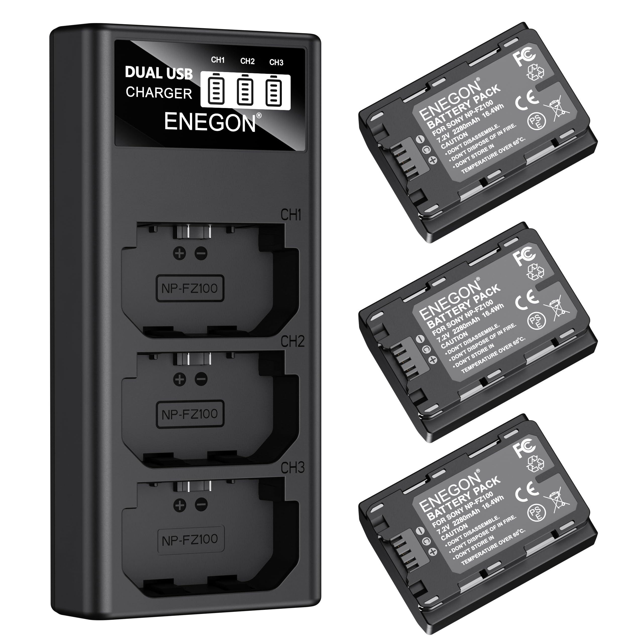 ENEGON Batteries NP-FZ100 (3×2280mAh) avec Chargeur 3 emplacements et écran LCD, compatibles Sony A7III, A7IV, A7C/A7C R, A7R III/IV/V, ZV-E1, FX3, FX30, A1, A6600, A6700, A9/A9 II