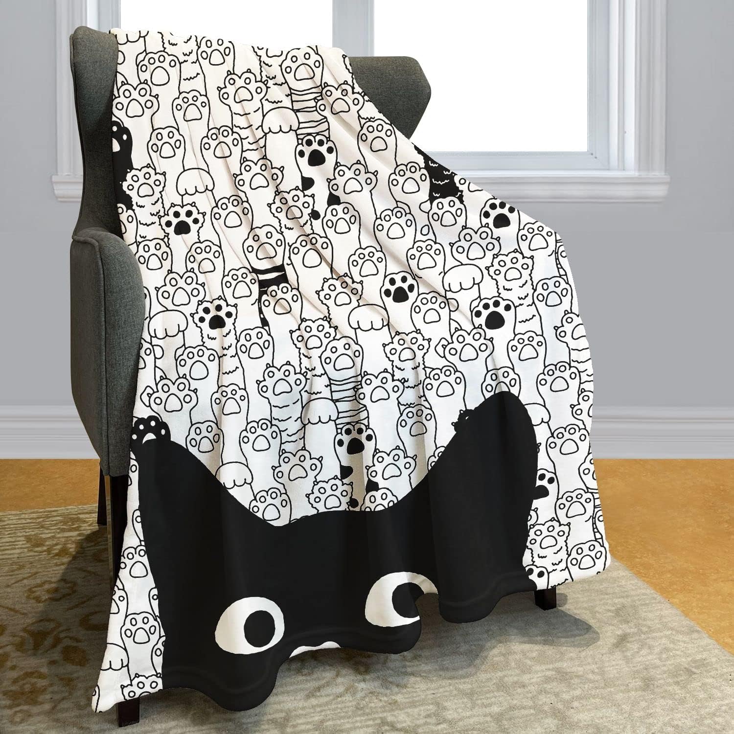 Cat Paw Throw Blanket Black Cat Pattern Paw Sketch Fleece Blanket Soft Warm Cozy for Kids Adult Gifts 60"x80"