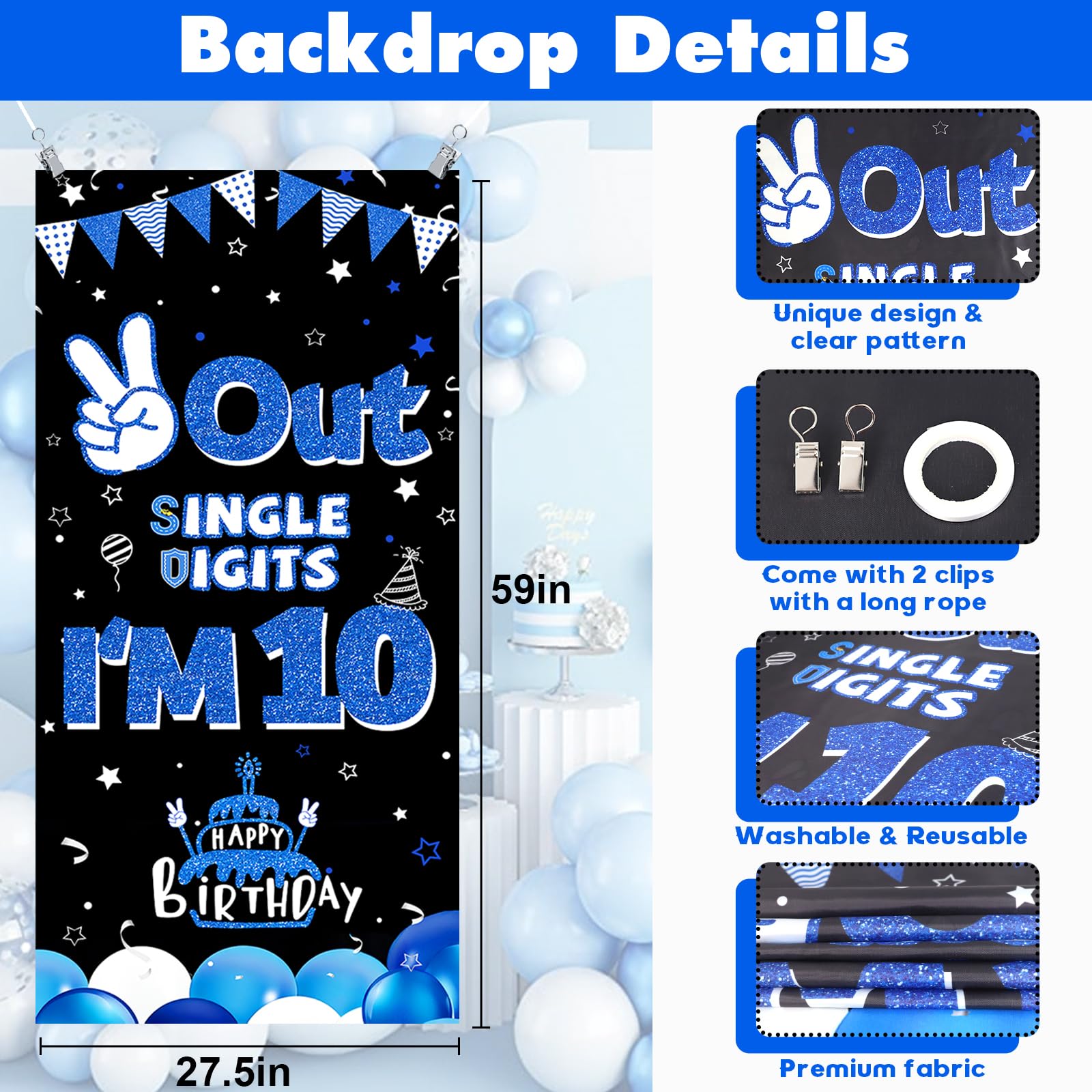 Blue Black Out Single Digits I'm 10 Dekoracje na przyjęcie urodzinowe