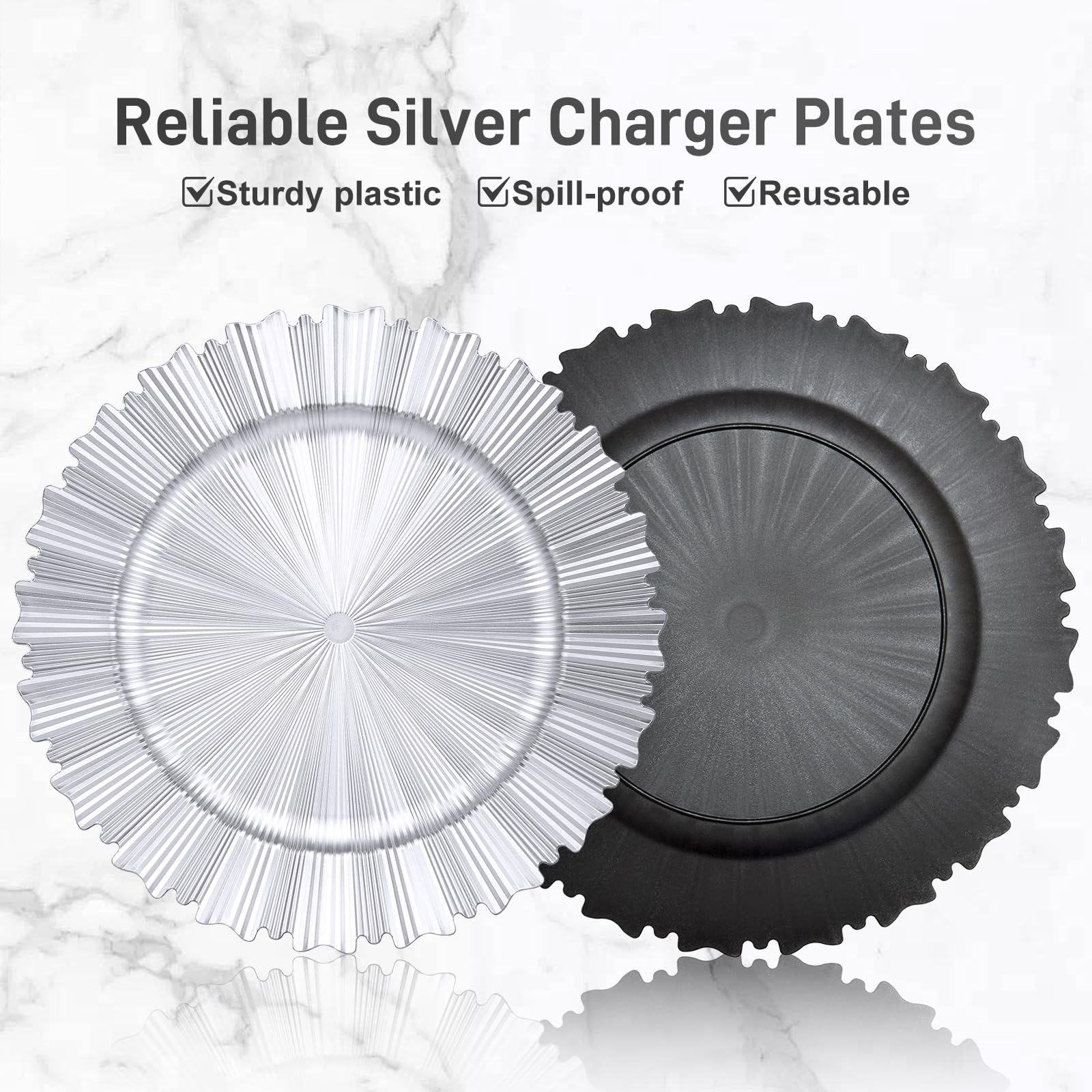 Etsutomy 6 Pcs Silver Charger Plates,13 Inch Elegant Fluted Edge Plastic Charger Plates Reusable Table Chargers for Dinner Birthday Wedding Party Bridal Showers Tableware Dishes Luxury Decor
