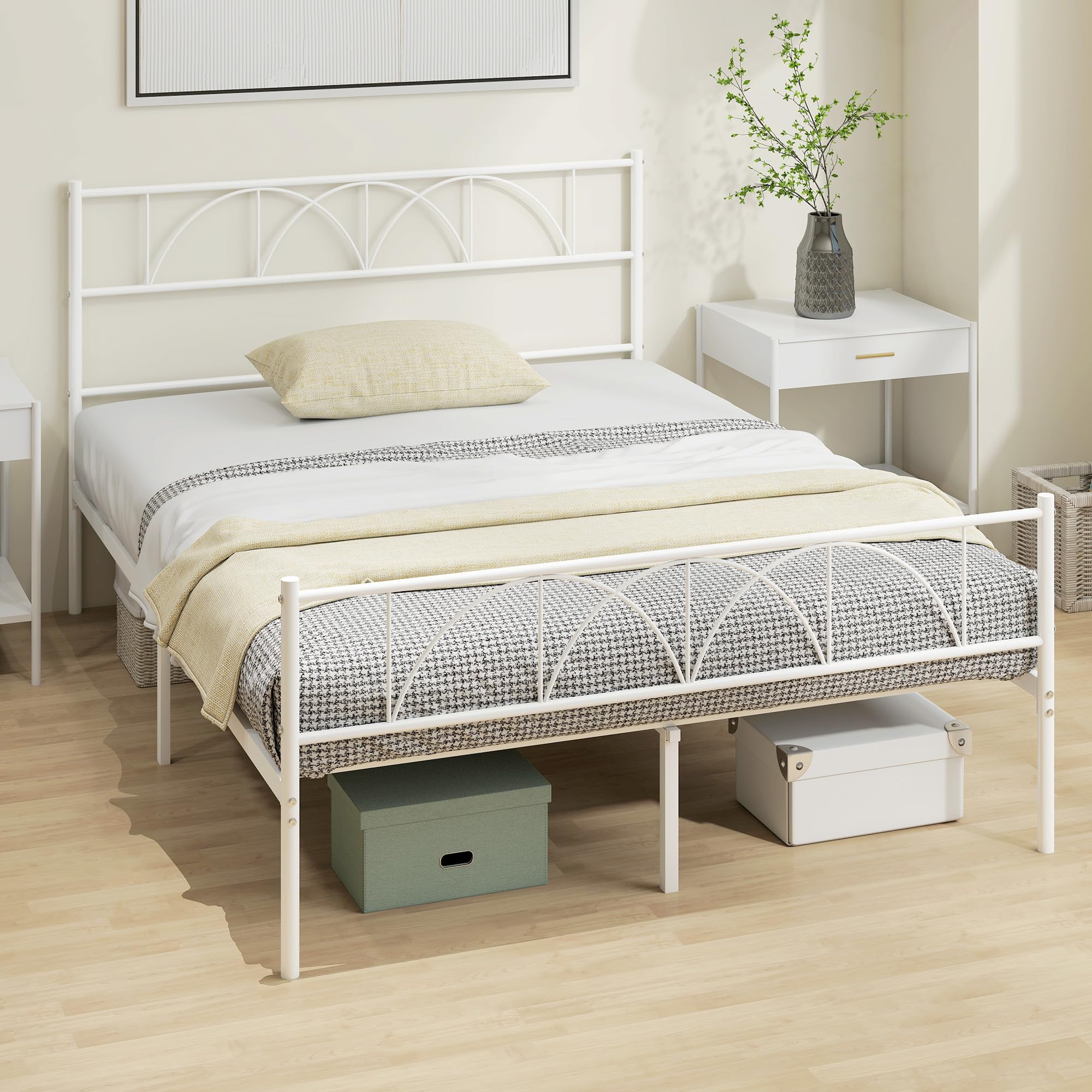 HOMCOM Cama Matrimonio 140x190 cm Estructura Acero Cabecero Almacenamiento Blanco
