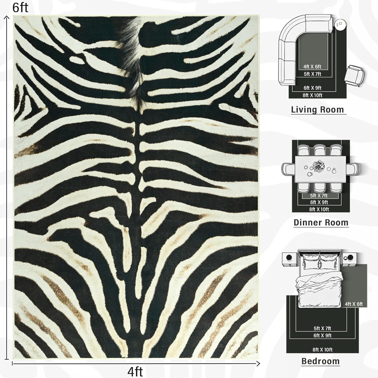 AROGAN Premium Zebra Rug for Bedroom 4×6 Feet, Machine Washable Animal Print Hide Area Rug, Large Non-Slip Faux Fur Zebra Skin Rugs Carpet for Office Living Room Dinner Room Home Decor