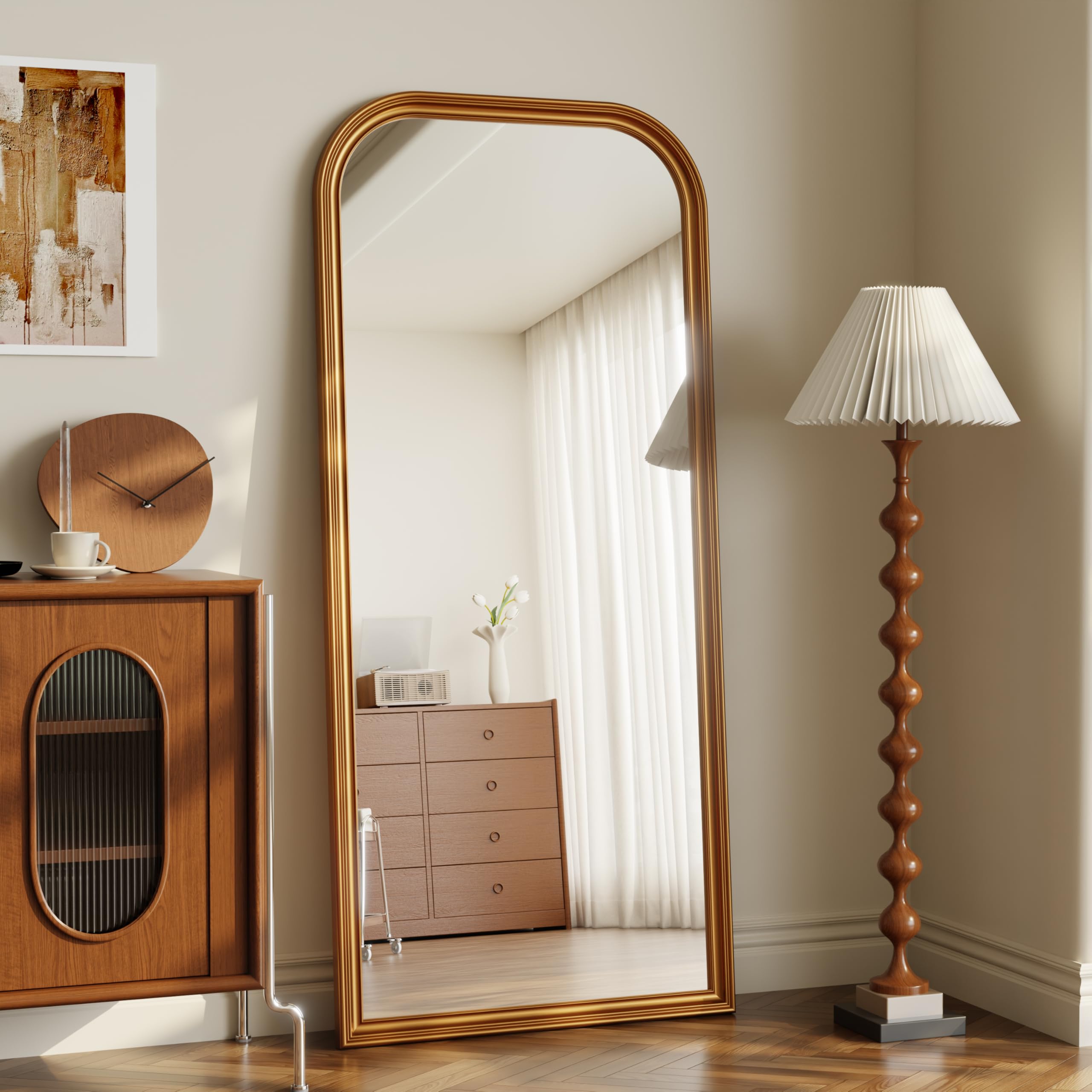 VETROVUE 28"×69" Rounded Top Large Full Length Mirror, Arched Vintage Floor Stangding Body Mirror - PU Frame, Wall Mounted Hanging Leaning Antique Decor for Dressing Room, Entryway, Bedroom, Gold
