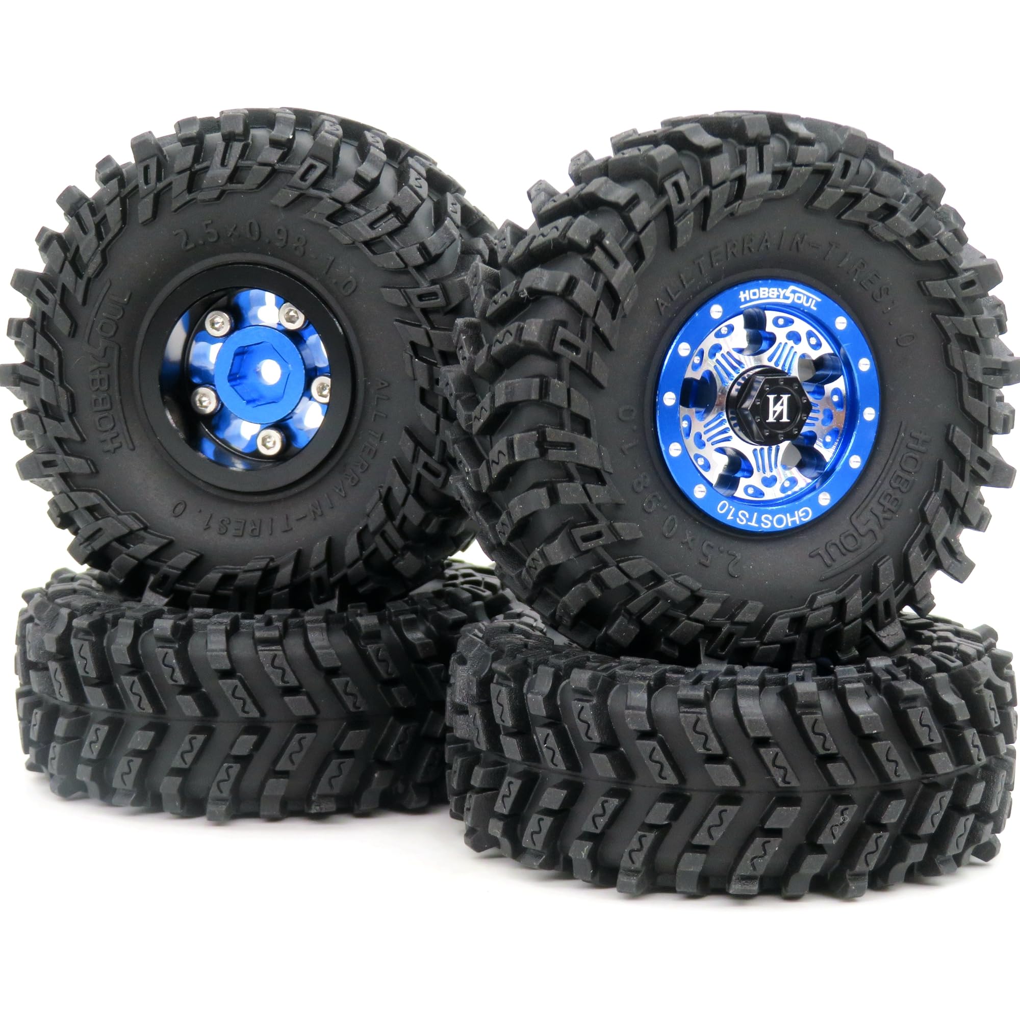 HOBBYSOUL 64 * 25mm 1.0 Tires & Heavy 1.0 beadlock Wheels Blue Rims, RC 1.0 Wheels Tires Set for RC Crawler 1/24 Axial AX24 SCX24 FMS FCX24 1/18 TRX4M Upgrade