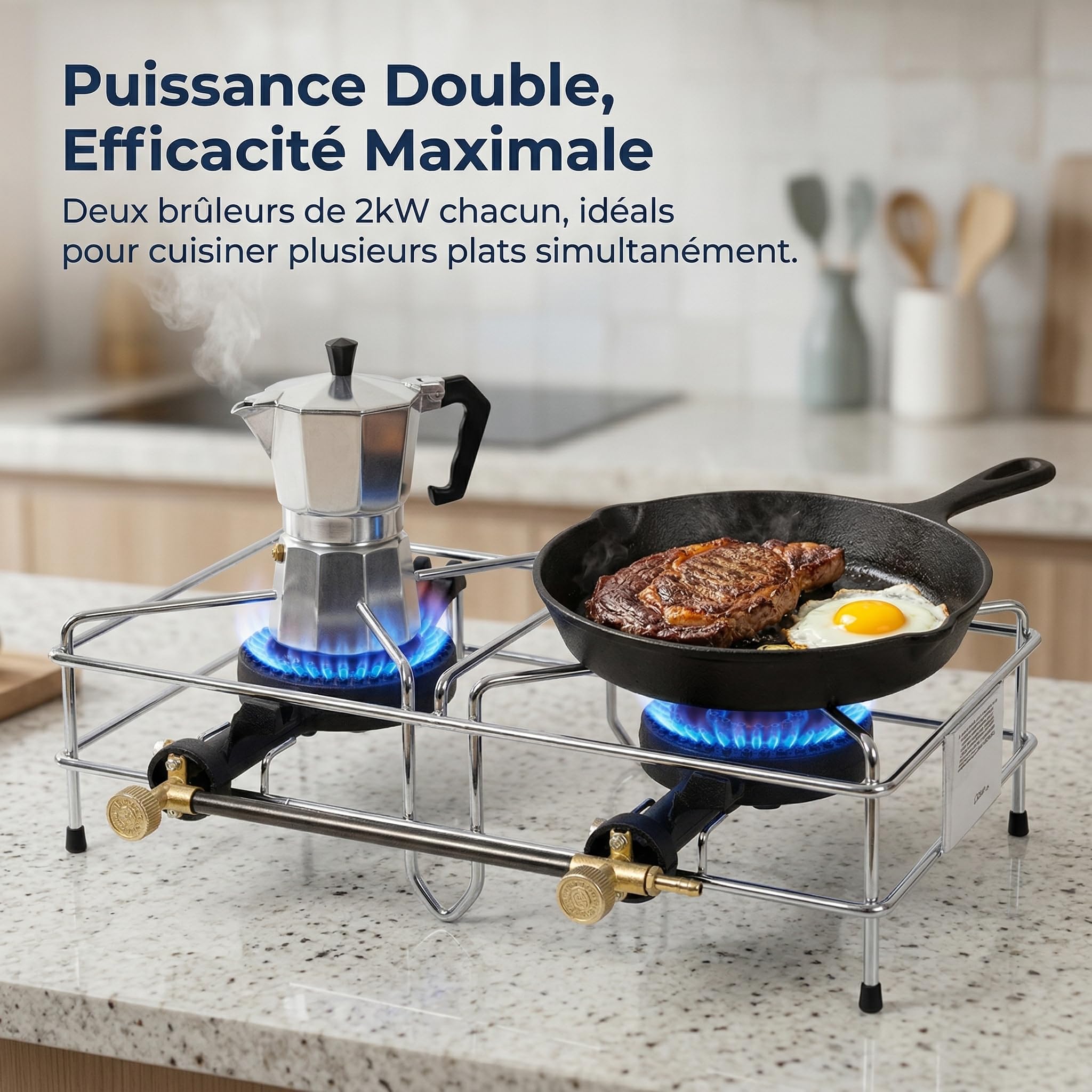 FOKER Réchaud à Gaz 2 Feux 8 kW, Réchaud Camping en Acier Inox avec Brûleurs en Fonte, Consommation 580g/h, Compatible Butane/Propane, Fabriqué en Italie, Idéal Extérieur et Jardin