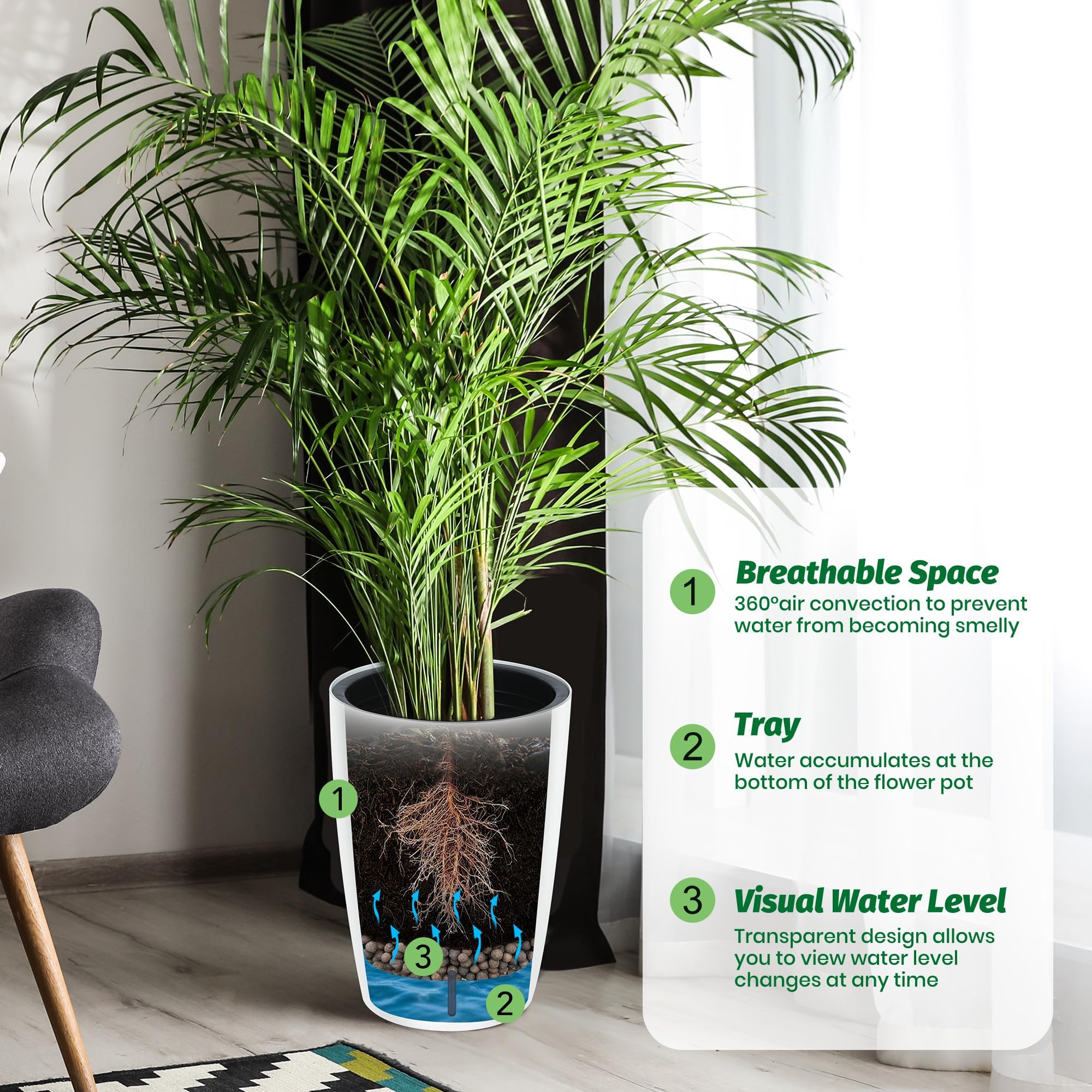 Set di 2 vasi da fiori alti 16"per piante autoirriganti piante da interno, da fiori drenaggio integrato e design visivo del livello dell'acqua patio, veranda, soggiorno o ufficio domestico