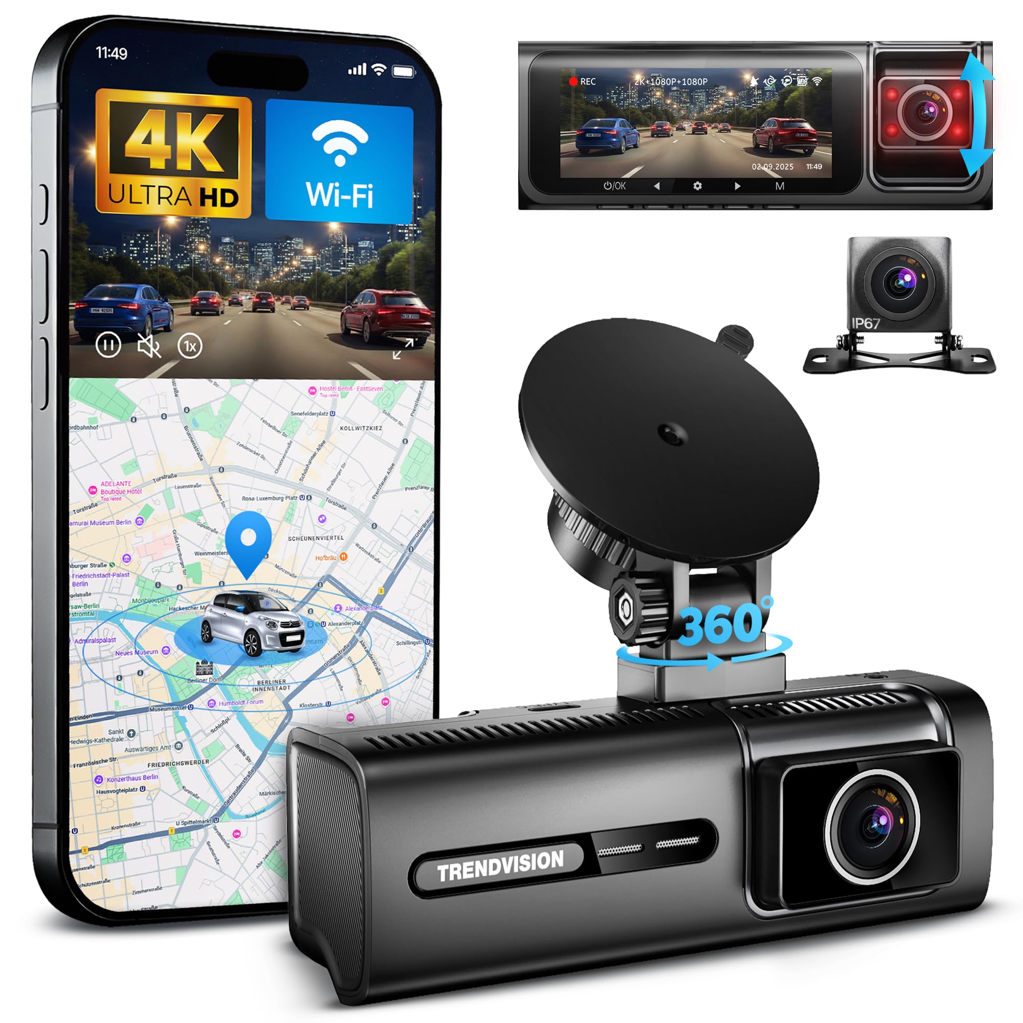 Phantom 3CH GPS Cámara para Coche Delantera, Interior y Trasera, Cámara Triple con GPS, Control por App WiFi, Visión Nocturna WDR, Gran Angular de 170°, Pantalla IPS de 3"