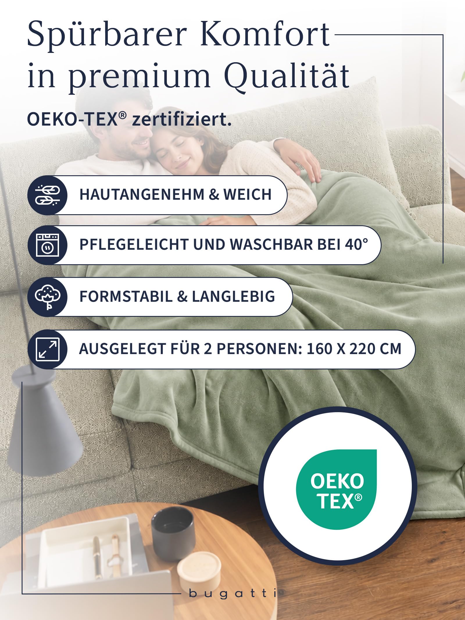bugatti Decke Doppio Soft 160x220 - Polyesterflausch kuschelig, warm & waschbar, XXL Kuscheldecke grün