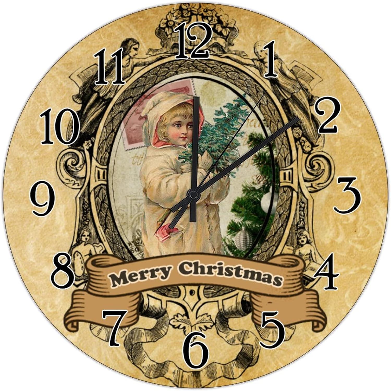 French Style Old Time Santa Hanging Wall Clock Vintage Merry Christmas Santa Claus Wall Clock Happy Christmas Wood Round Clock Battery Operated Silent Wooden Clocks for Living Room 15inch