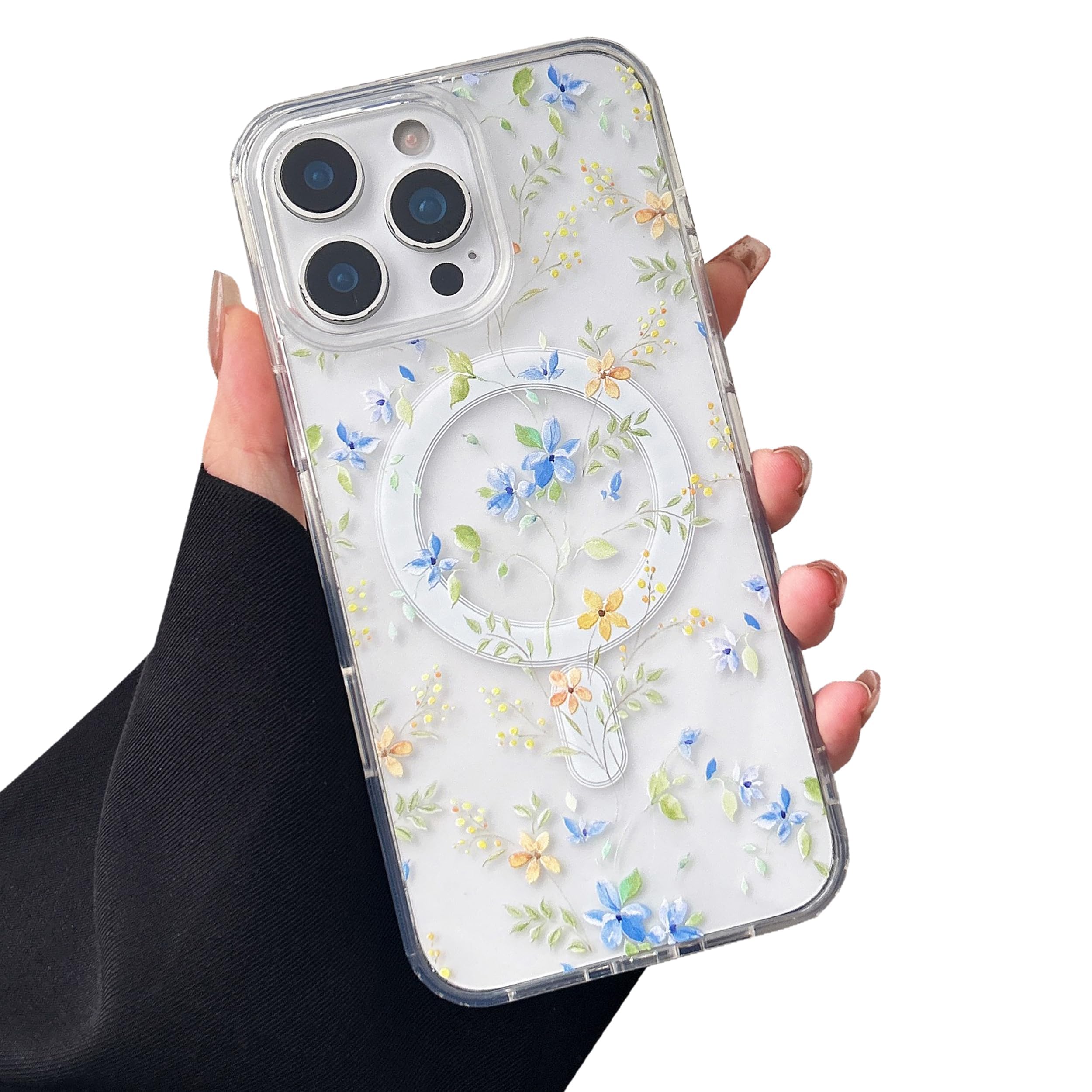 ZTOFERA Coque magnétique pour iPhone 13 Pro Max compatible avec Magsafe, motif floral esthétique, mignon pour fille et femme, coque de protection rigide anti-chute pour iPhone 13 Pro Max (fleur bleue)