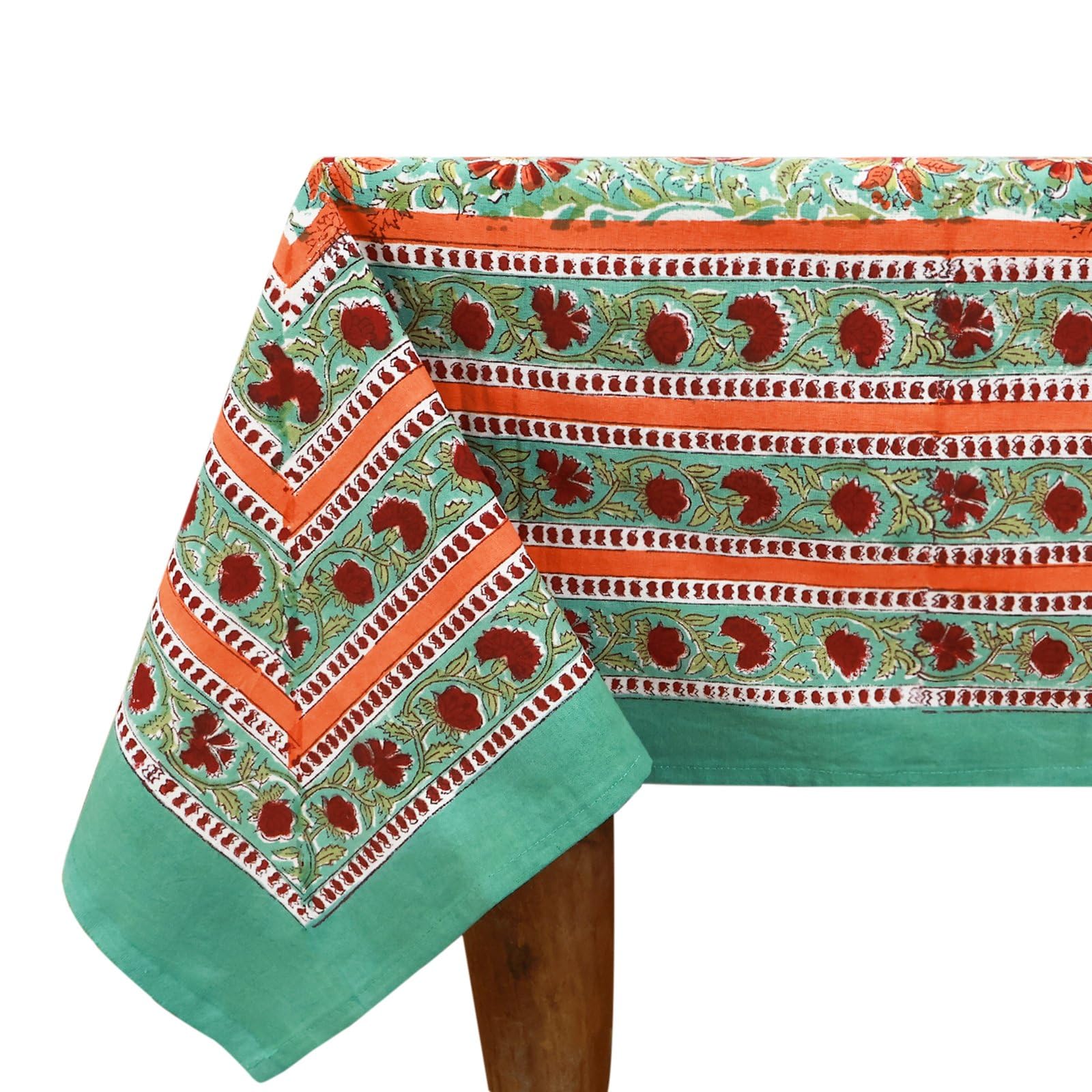 72x190 Inches Rectangle Hand Block Printed Cotton Tablecloth, Green Red Floral Table Cloths Washable, Indian Table Linen For Dinning Home Decor Spring Autumn Outdoor Thanksgiving — image 1