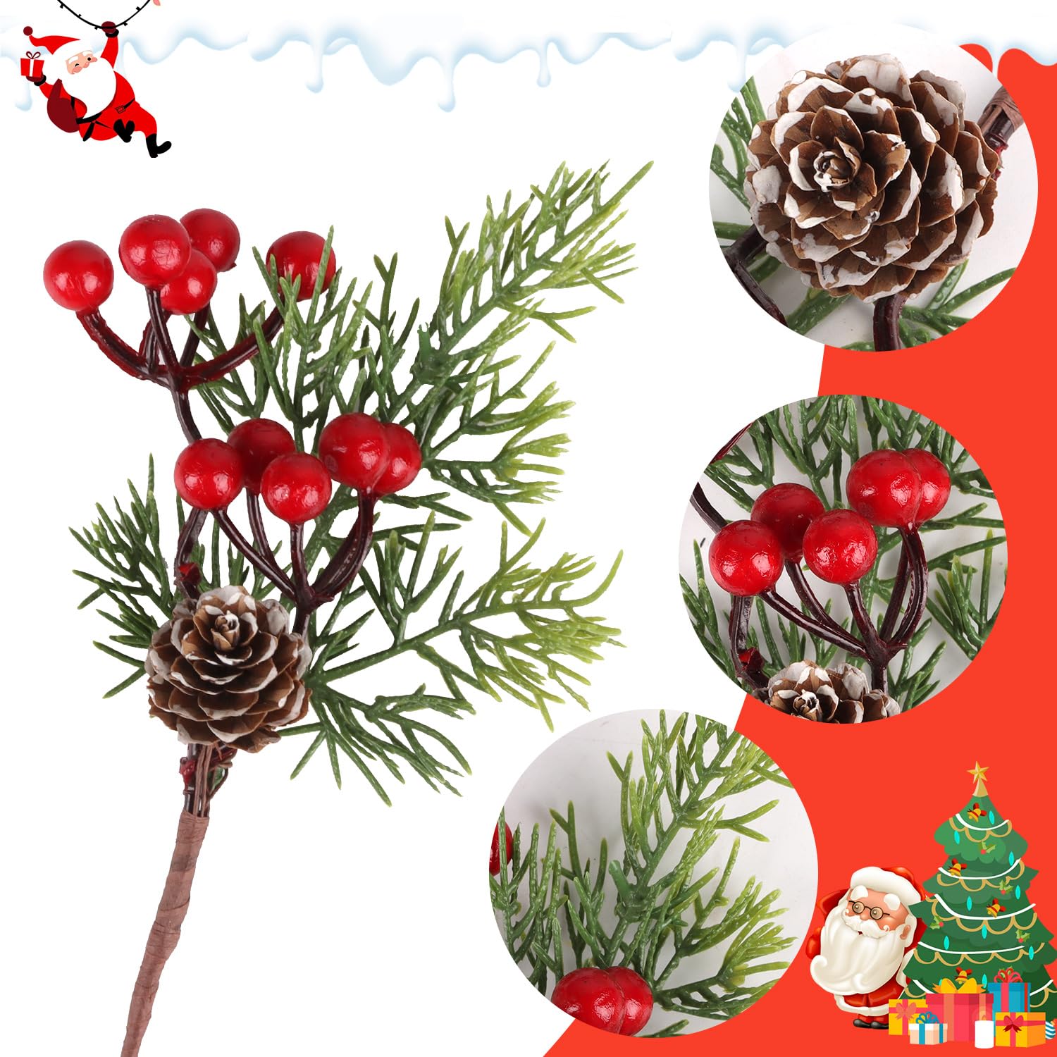 LOMIMOS Künstliche rote Beerenspieße, Tannenzapfen, künstliche Stechpalmenstiele mit Tannenzapfen, unnötige Zweige für Weihnachtsbaumdekoration, Basteln, Kranz, Girlande, Dekoration, 20 Stück