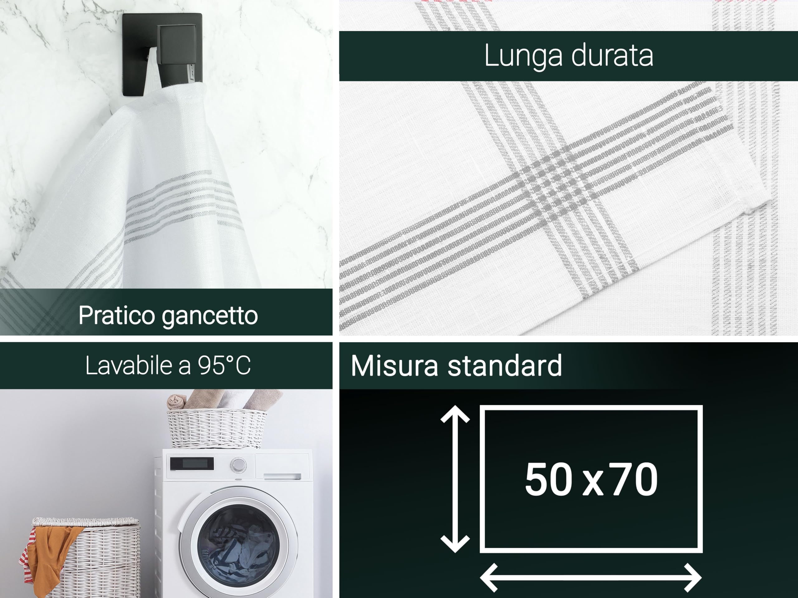 ZOLLNER 4 strofinacci 100% lino, 50x70 cm, bianco con righe grigio chiaro