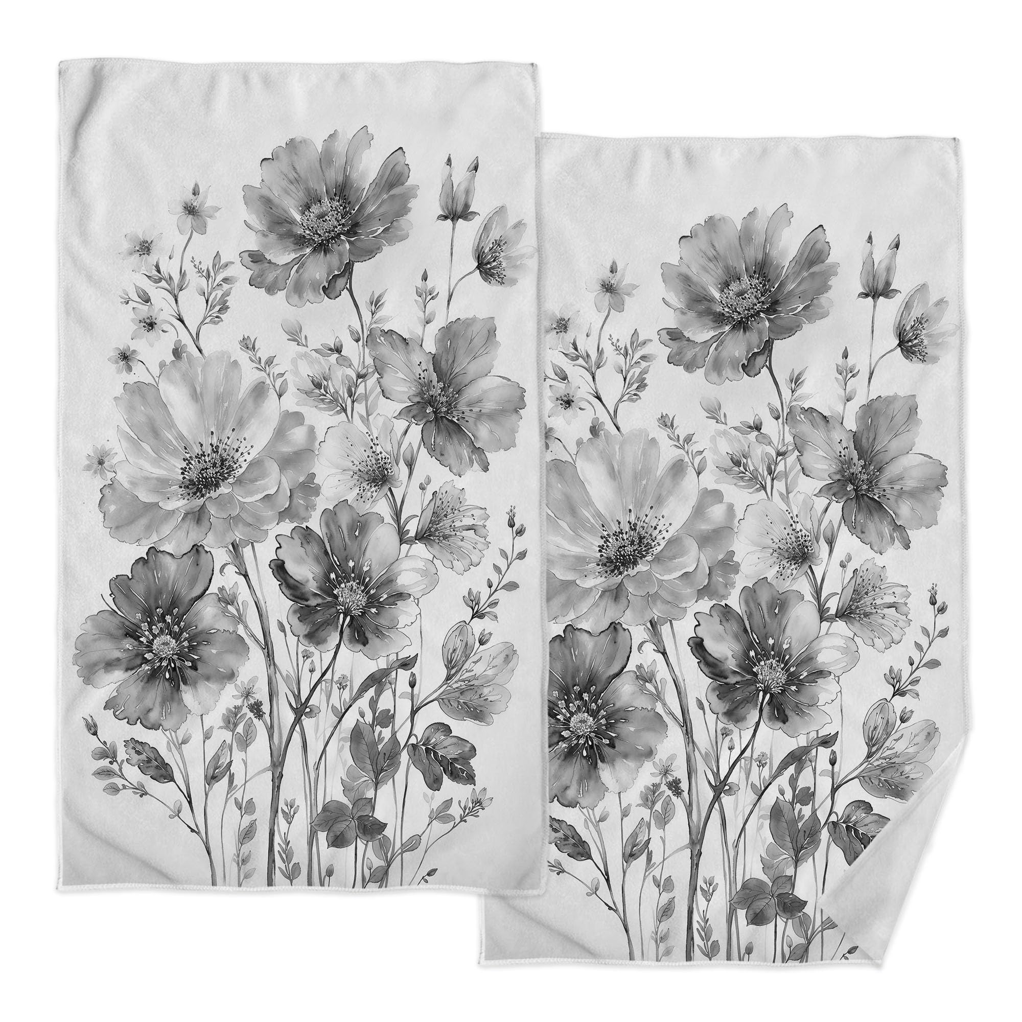 Accnicc 2 Pack Gray Floral Hand Towels for Bathroom Black White Elegant Blooming Flowers Decorative Dish Kitchen Towels 16x27 Inch Absorbent Soft