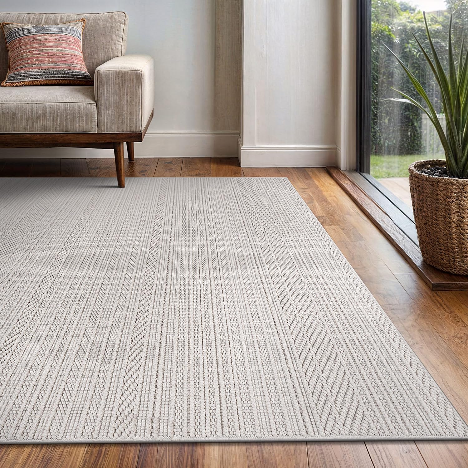 Indoor Area Rug 5x7 White Polyester Indoor Rugs Stripe Soft Loop Easy Clean Carpet for Living Room Bedroom Dining Room Hallway Office Entryway (5 X 7 White)