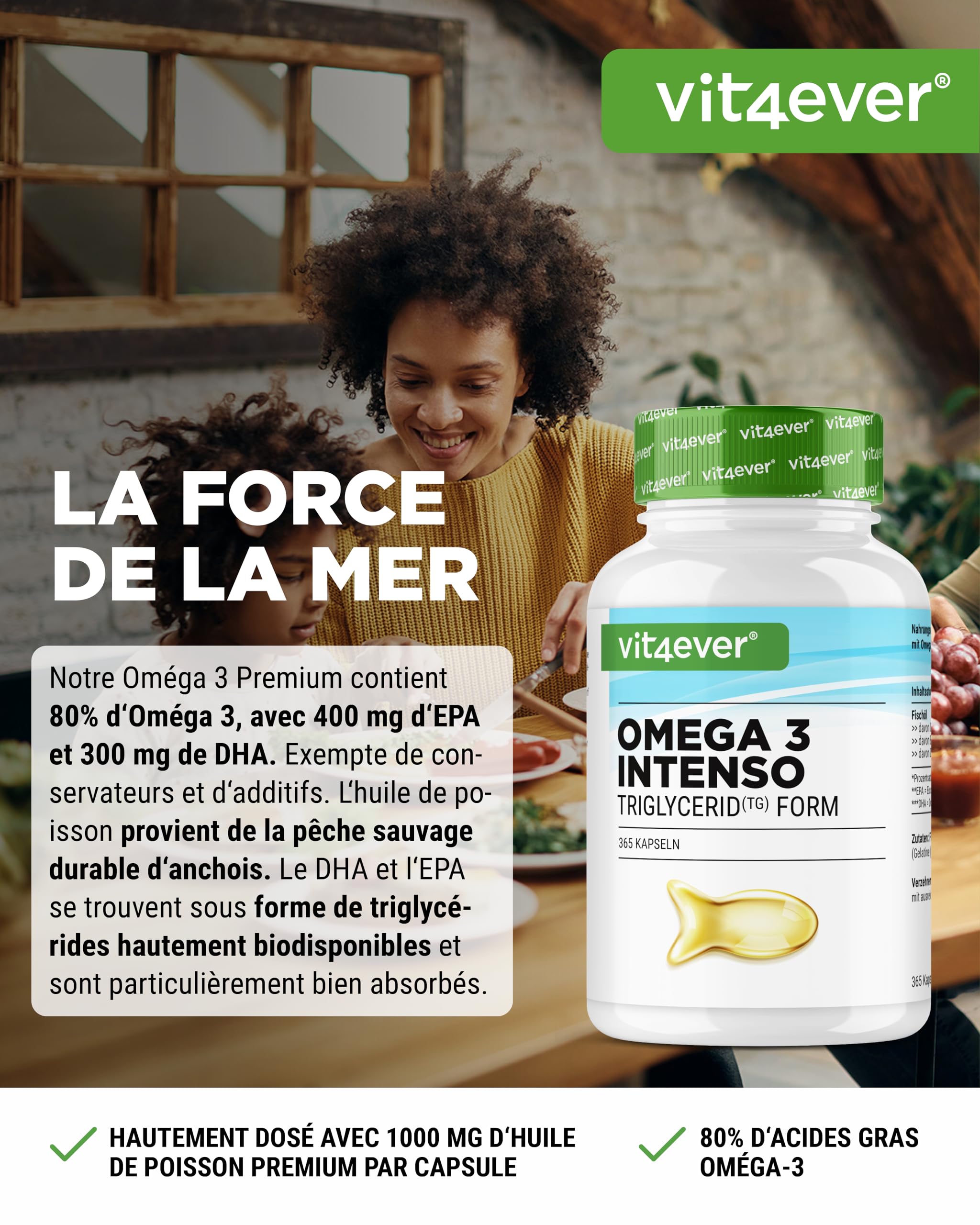 vit4ever Premium Omega 3 avec 80% D'Acides Gras - 365 Gélules | 1000 mg d'Huile de Poisson par Gélule avec EPA & DHA - Forme Triglycéride - Purifié avec Soin à partir de Pêche Durable