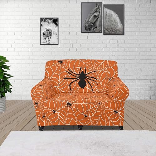 Miniatura 6 de Funda de sofá con estampado de telaraña, color marrón, diseño de araña, Halloween, antideslizante, con espuma y parte inferior elástica, funda