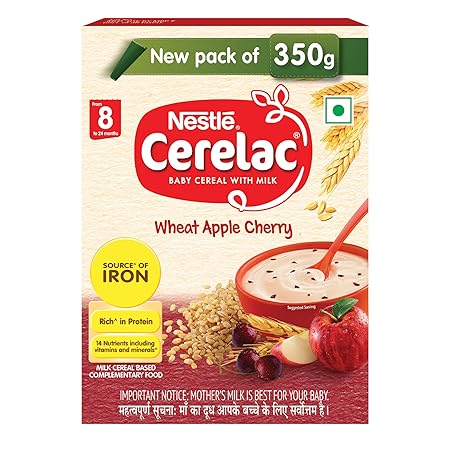 CERELAC Baby Cereal with Milk, Wheat Apple Cherry, Stage 2, From 8 to 24 Months, Source of Iron & Protein ,Bag-In-Box Pack 300g/350g (Weight May Vary upwards)