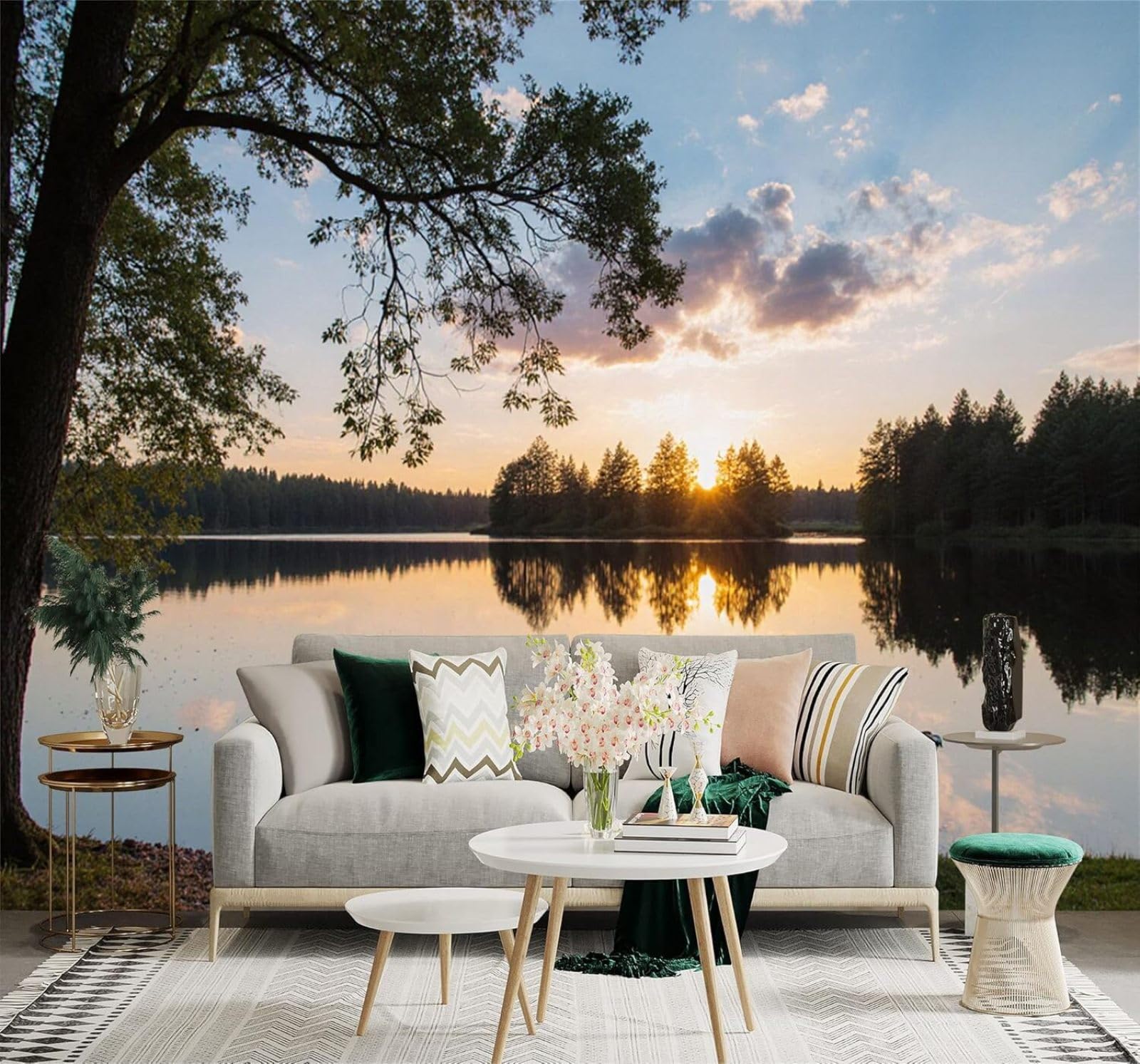 XLMING Small Boat Tranquil Lake Forest Sunset Reflection 3D Wallpaper Premium Textured Silk Study Dining Living Room Bedroom Sofa TV Wall Easy Install-430cm×300cm