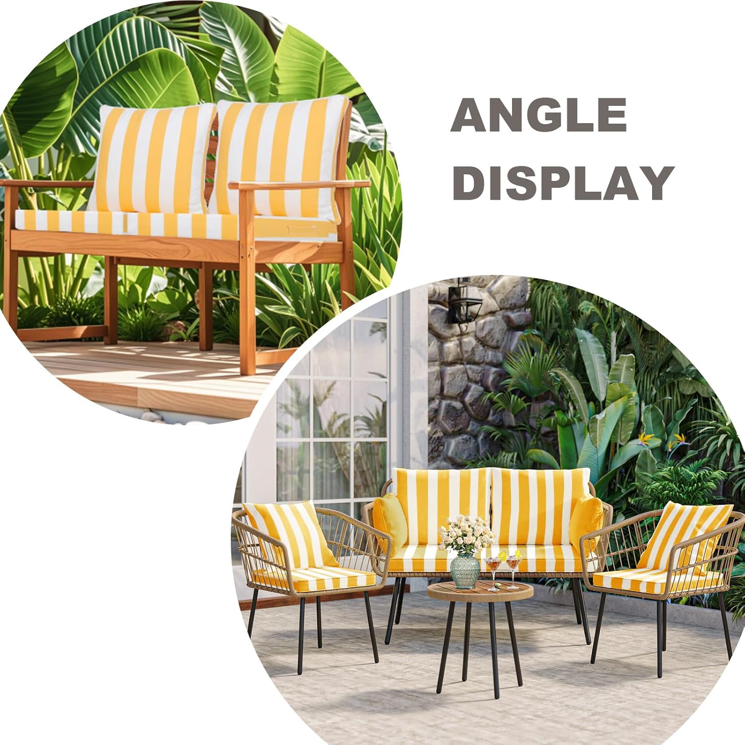 Outdoor Deep Seat Cushion Set of 2 - 24 x 24 Inch Waterproof Fade-Resistant Patio Furniture Cushions with Removable Covers, Adjustable Straps and Handles for Chairs, Sofa, Couch (Yellow White Stripes)