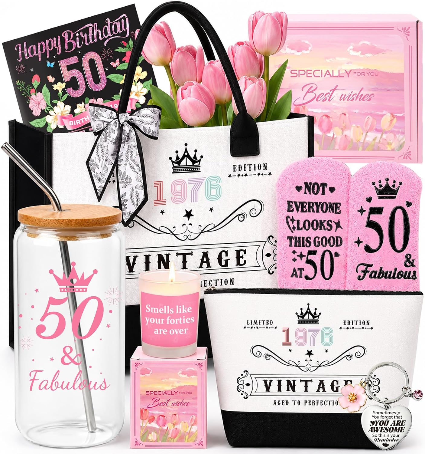 50th Birthday Gifts for Women,Unique 50 Years Old Birthday Include Galss Tumbler with Straw Gifts for Wife Aunt Sister Friends Her,Fashion 1976 Handbag Cosmetic Bag Socks Candle Born in 1976 Card