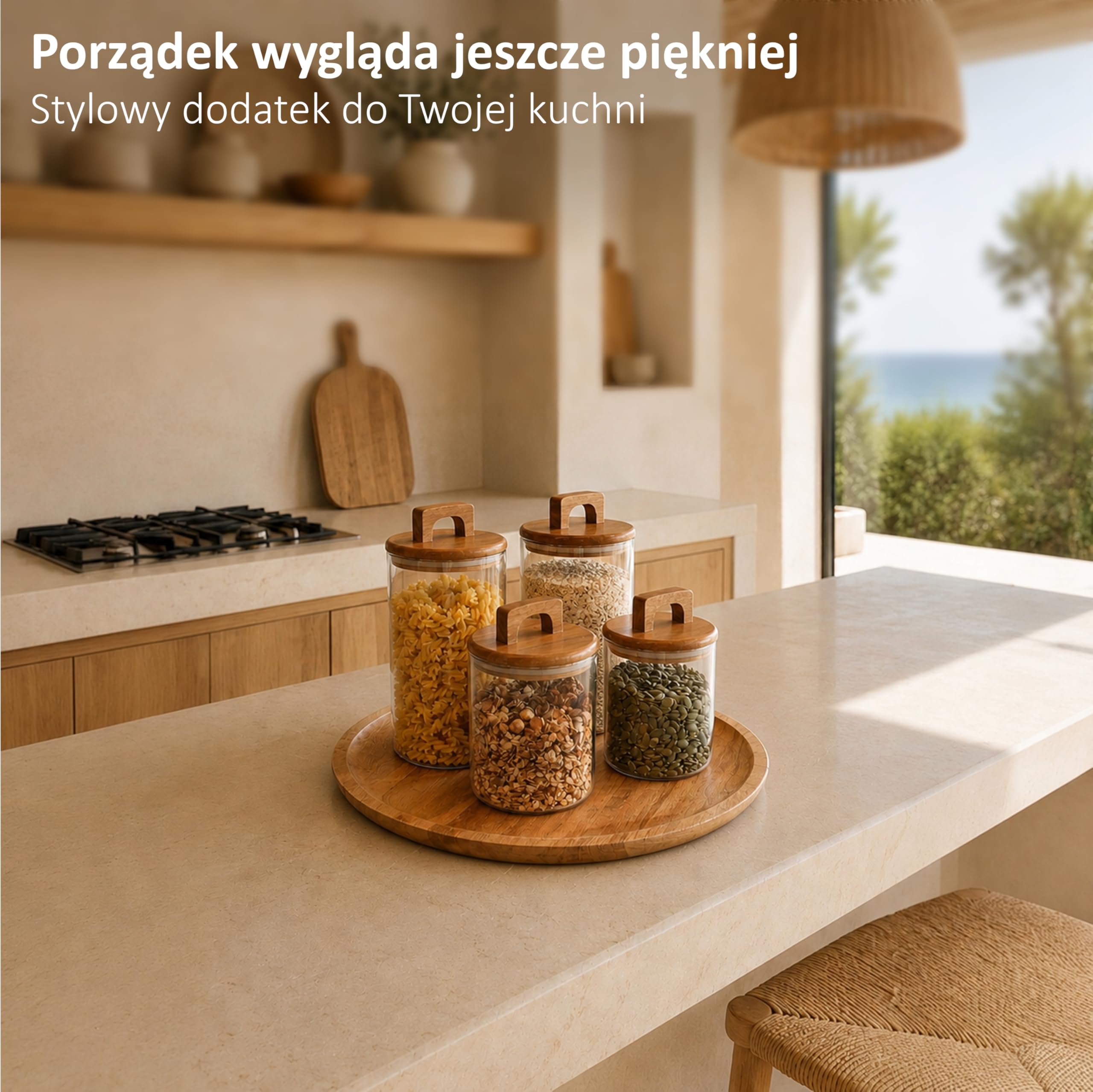 Szklane Pojemniki do Przechowywania z Pokrywką z Akacji - Zestaw 4 szklanych słoików kuchennych - BPA Free - Hermetyczne zamknięcie