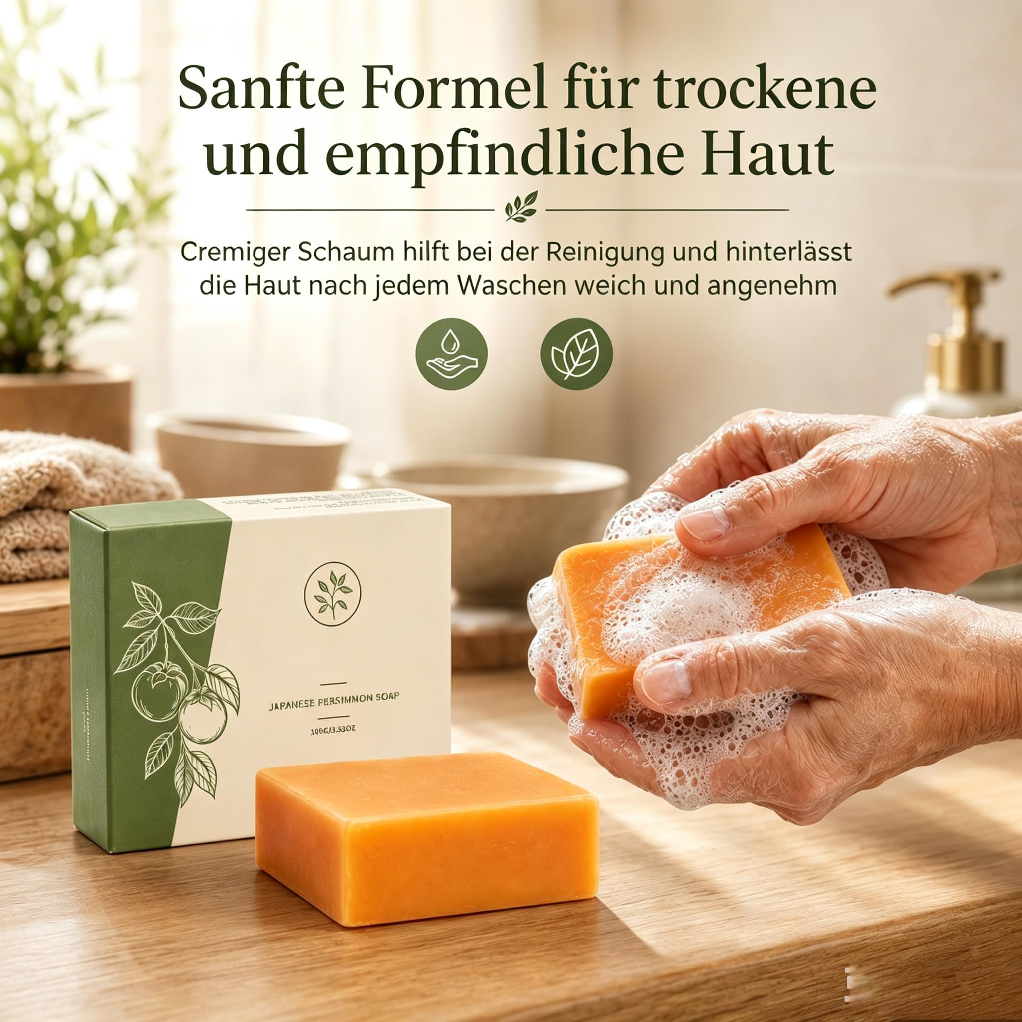 Kaori Original Persimmon Soap mit natürlicher Persimone | Feuchtigkeitsspendende Kaori Persimmon Seife für reife Haut, mit natürlicher Persimone, reinigend und desodorierend