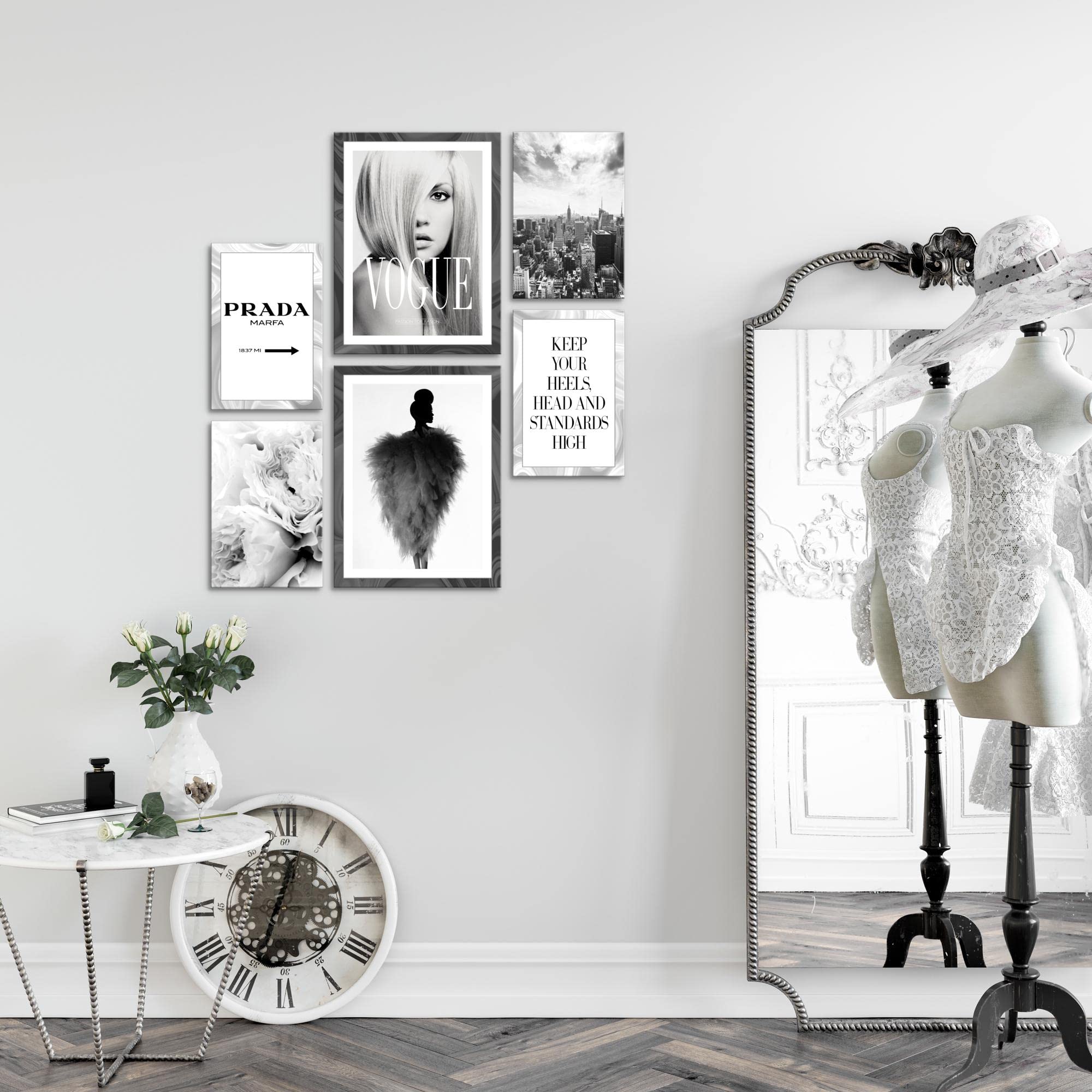 Novart Wandbilder Set Fashion Beauty Schwarz Weiss - KEIN EXTRA RAHMEN BENÖTIGT - Modern Deko - Wohnzimmer Mädchen Teenager N015763a