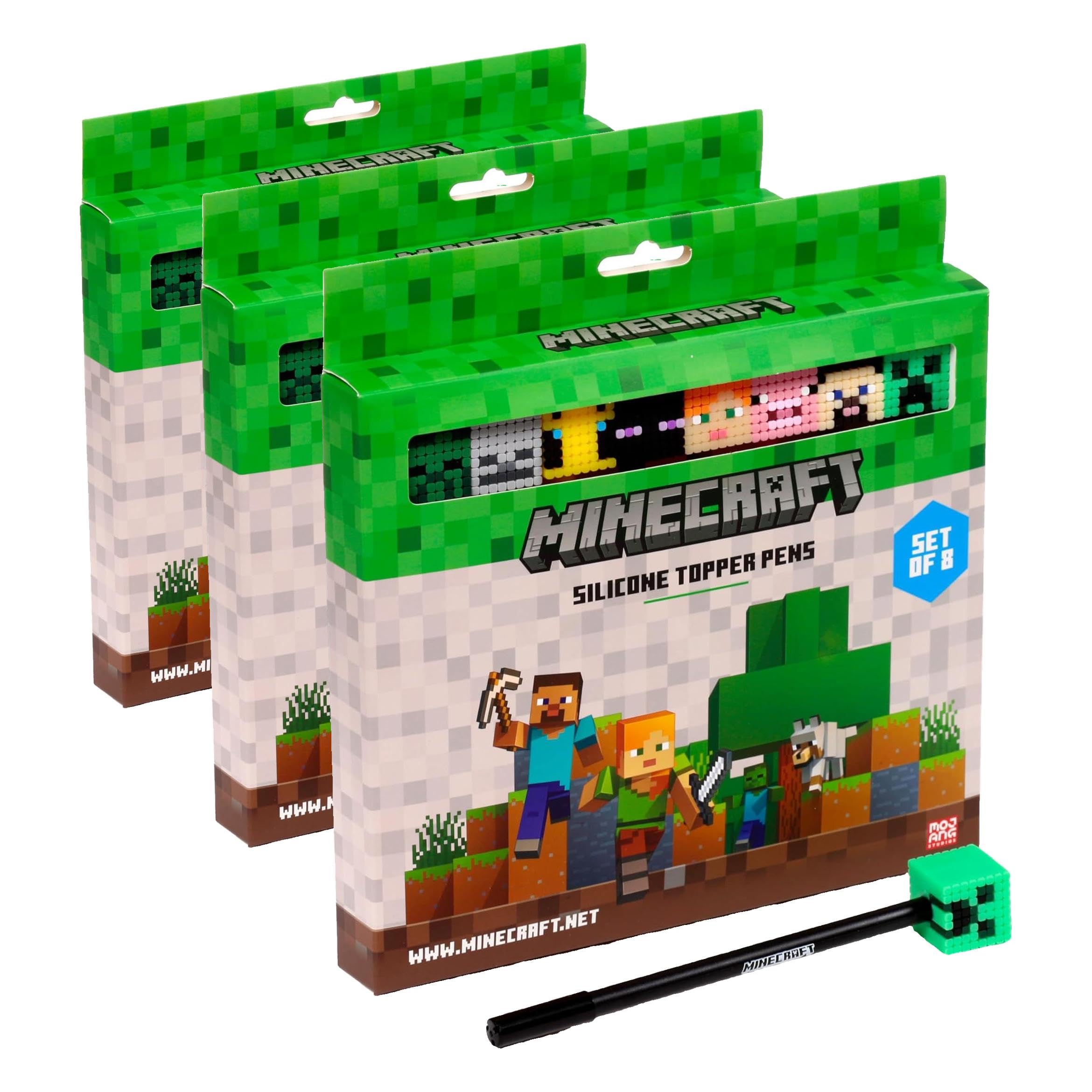 Puckator Minecraft - Set di 24 Penne con Topper in PVC Pixelato, Collezione Personaggi, Nero, Tratto Fine - Cancelleria per Scuola, Ufficio, Scrivania