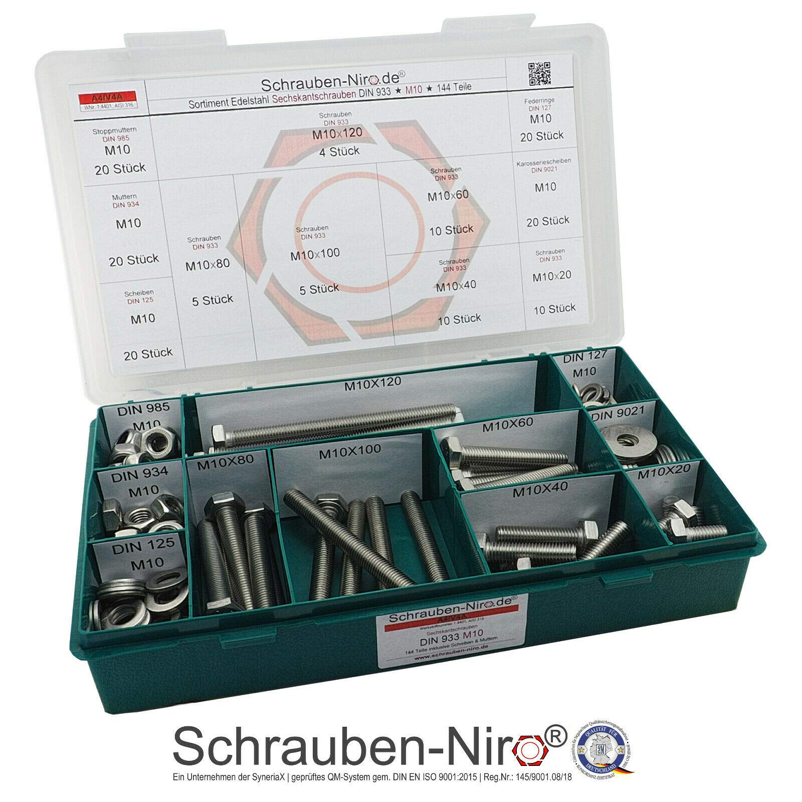Sortiment M10 DIN 933 Edelstahl A4 (V4A) Sechskantschrauben mit Gewinde bis Kopf - Set bestehend aus Schrauben, Unterlegscheiben (DIN 125, 127, 9021) und Muttern (DIN 934, 985) - 144 Teile