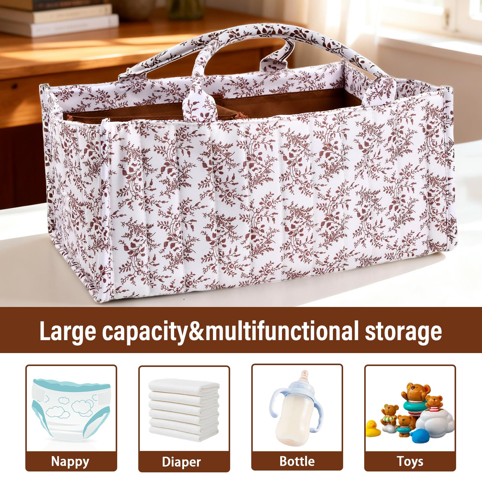 Organiseur de Couches pour Bébé – Panier de Rangement Élégant pour les Essentiels de Nouveau-né, Cadeau de Fête Prénatale pour Fille ou Garçon, Marguerite Pastorale