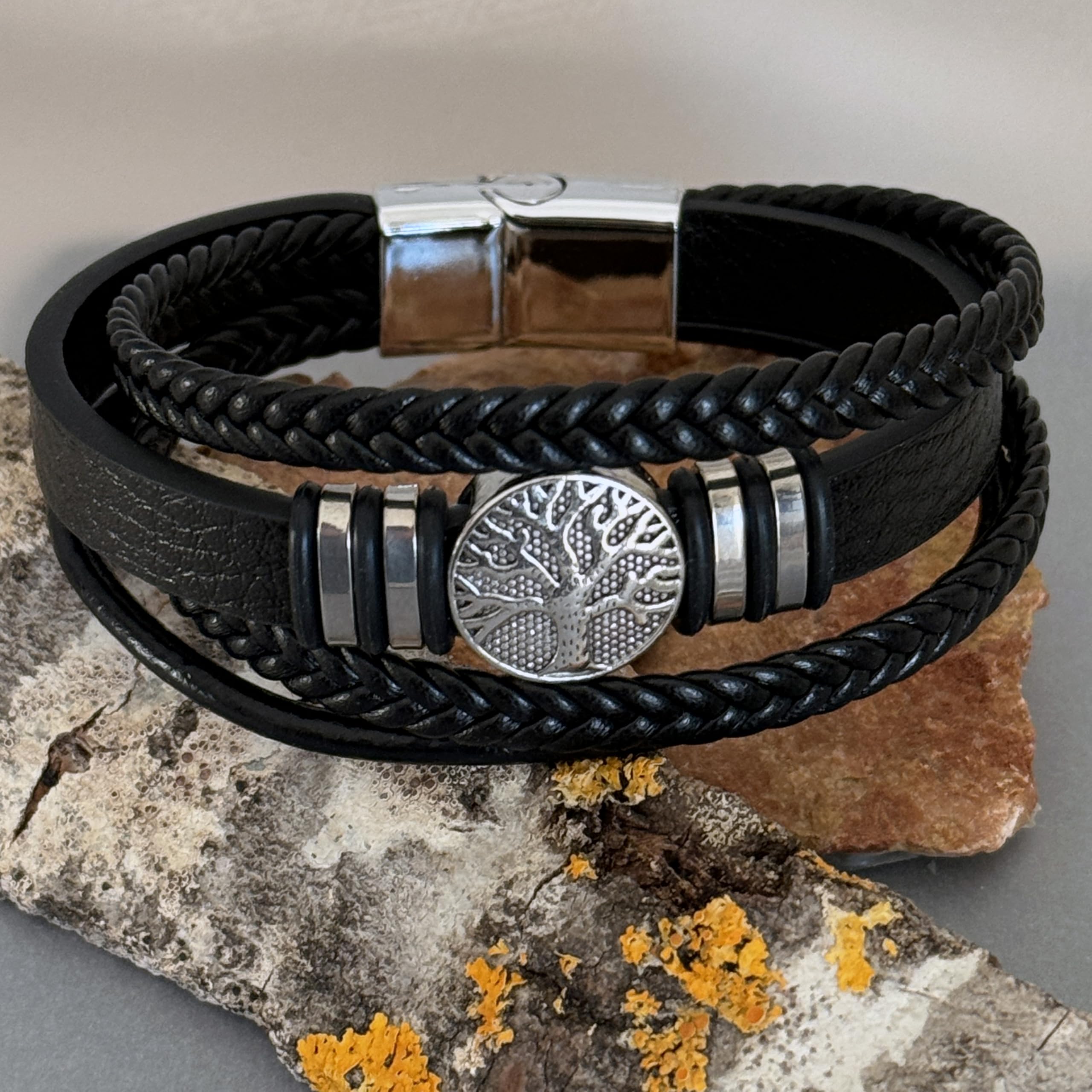 Simboliks Pulsera Árbol de la Vida para Hombre, Amuleto Celta de Protección en Cuero y Acero Inoxidable, Pulsera Celta, Joyería Masculina, Regalo para Hombre Druida, Pulsera Unisex, 21 cm