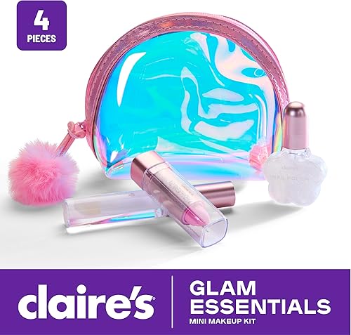 Miniatura 2 de Claire's Glam Essentials Mini kit de maquillaje  Brillo de labios para niños, lápiz labial, esmalte de uñas, bolsa de cosméticos iridiscente, juego