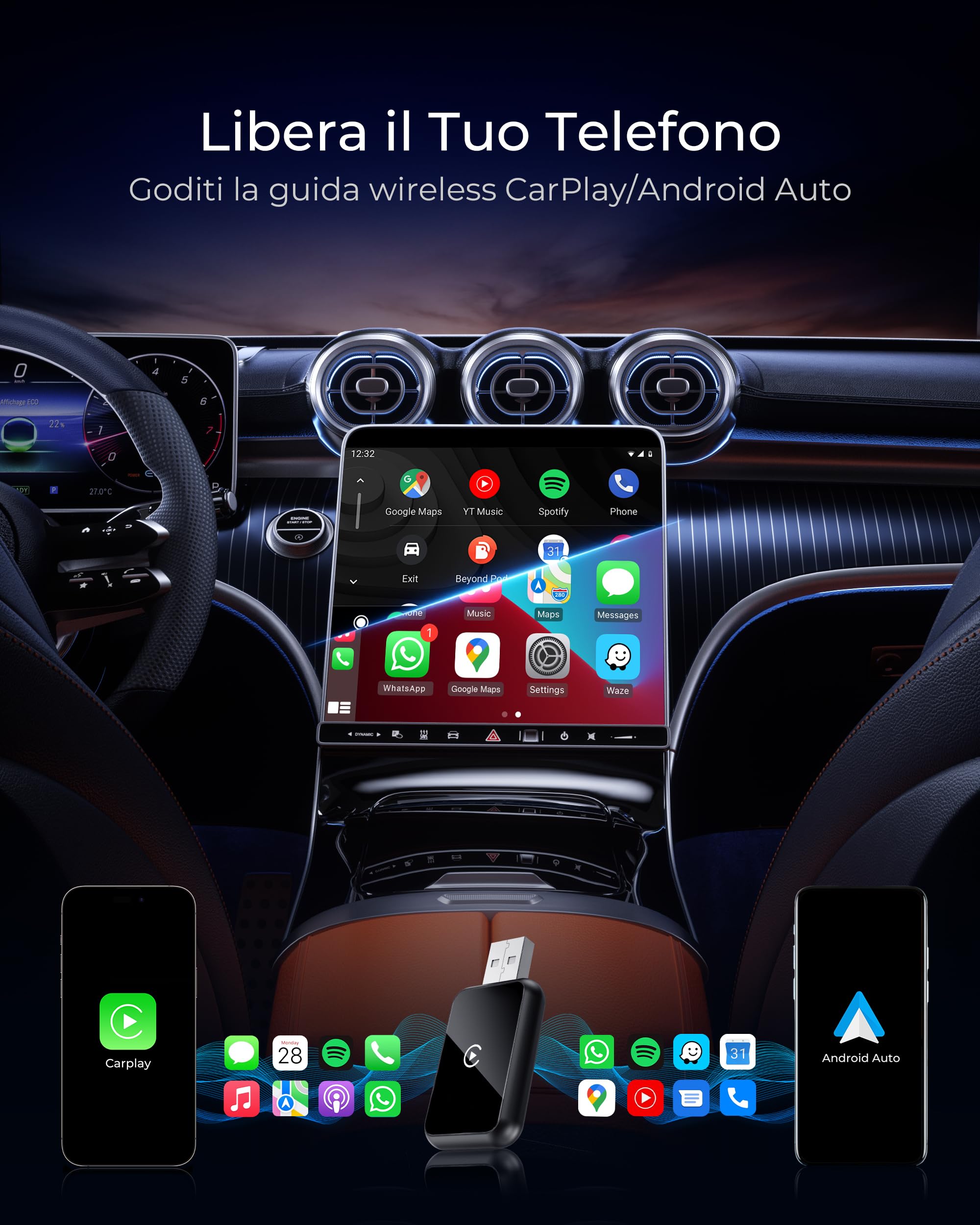 Adattatore Android Auto Wireless & Carplay Wireless 2 IN 1, 2.4/5GHz Bluetooth Connessione Stabile, 5.8GHz WiFi/USB C/A 3.0 Trasferimento Dati Veloce, per Apple iOS 10+, Android 11+