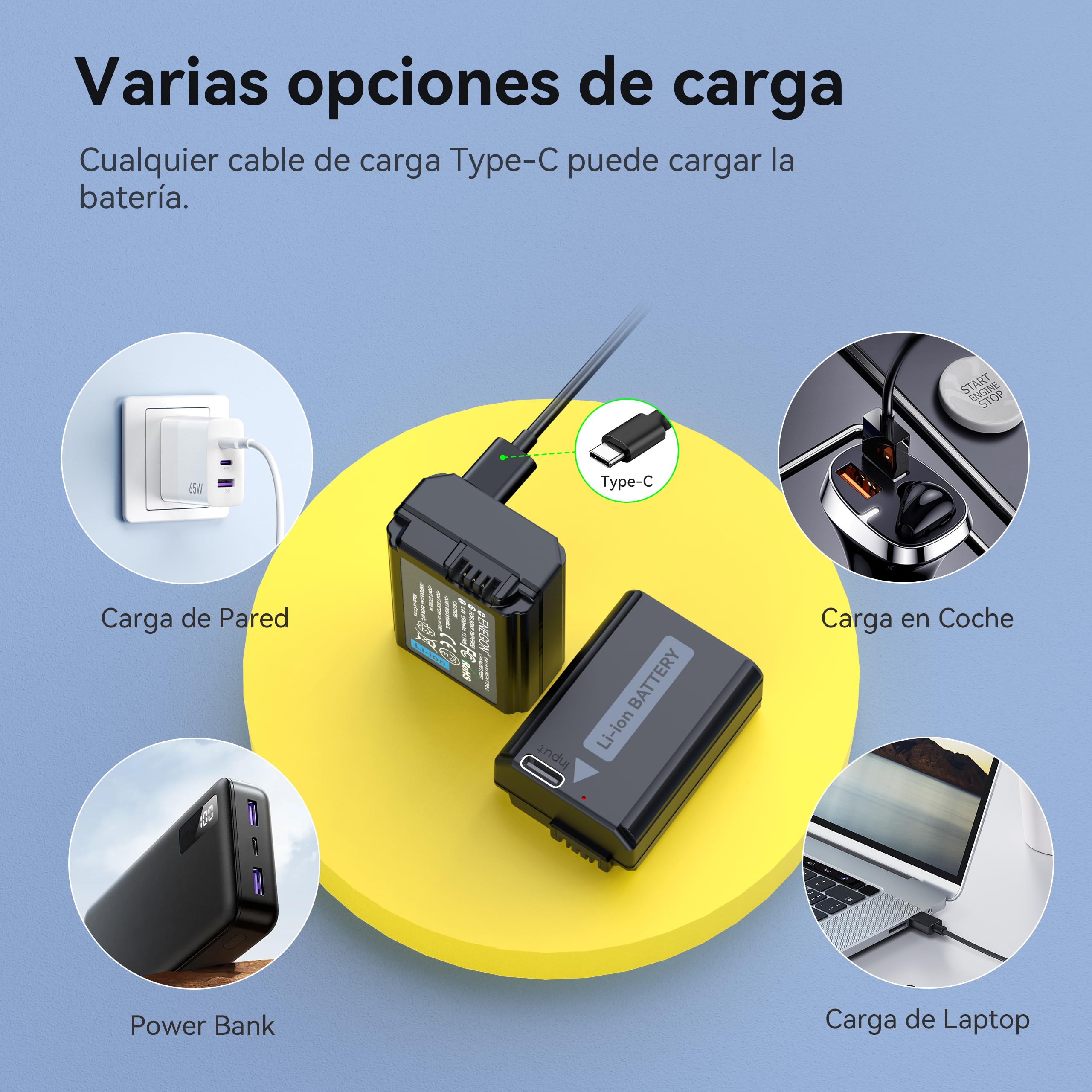 ENEGON NP-FW50 Tipo C Puerto de Carga Baterías (2x1500mAh) para Sony ZV-E10, A6000, A6500, A6300, A6400, A7, A7II, A7RII, A7SII, A7S, A7S2, A7R, A7R2, A55, A5100, A5000, A3000, A55, RX10