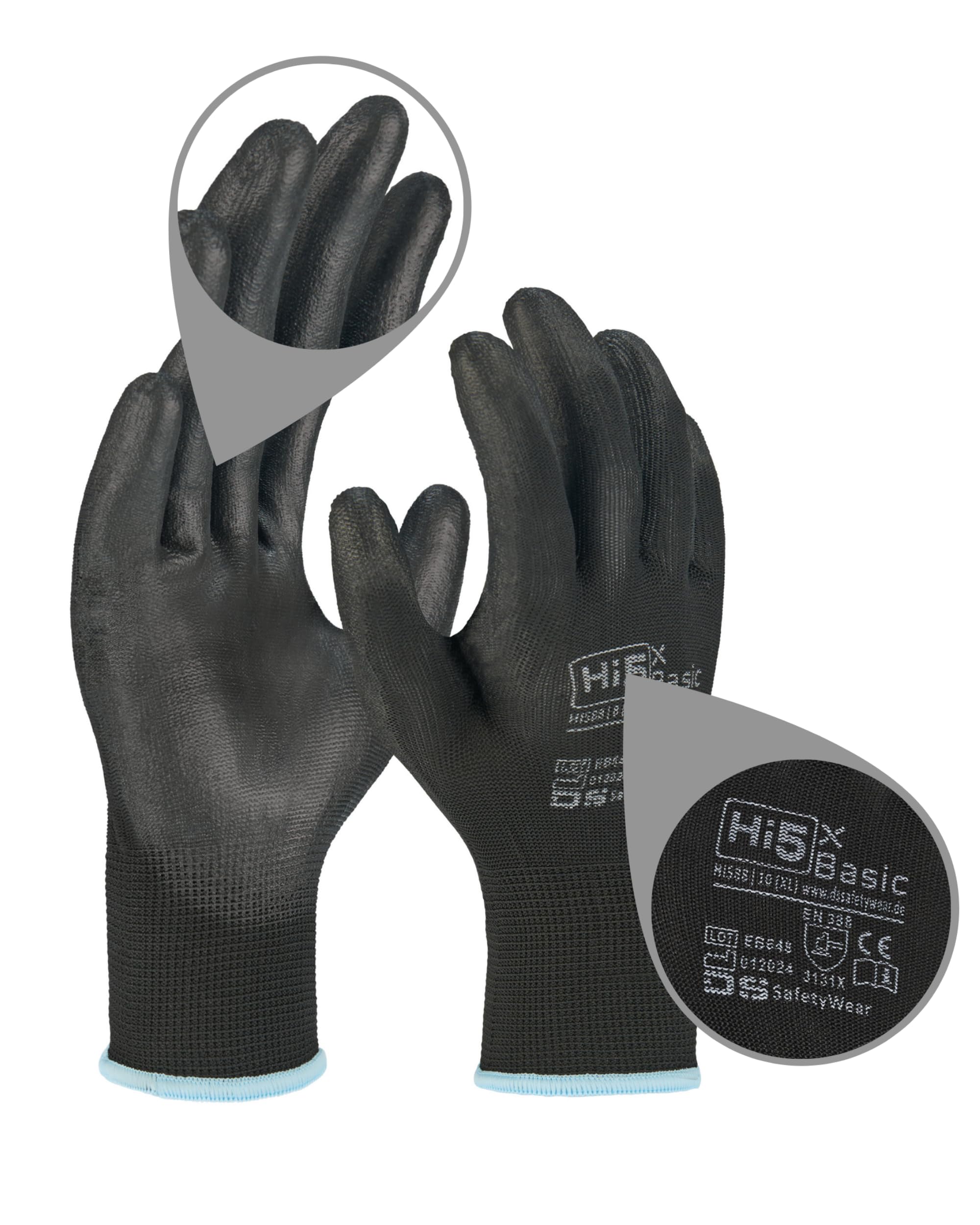 Hi5 X-Basic Arbeitshandschuhe – 13G Polyester – PU-Handflächenbeschichtung – ergonomisch & flexibel – EN 388:3131X – schwarz (S, 120, stück)