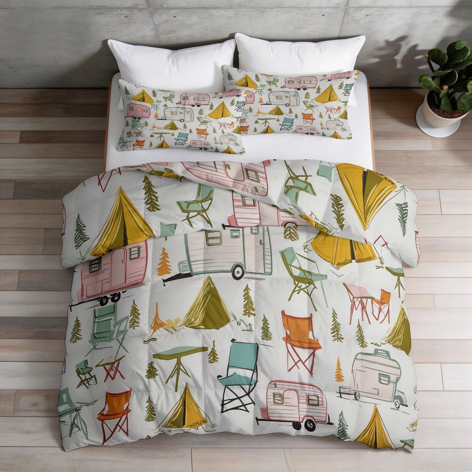 Mehrfarbig Bettdecke 4 Jahreszeiten, Bedruckt Bettdecken Niedlich Exquisit Wohnmobil Bettdecke ohne Bezug Warme & Weiche Waschbar Ganzjahresdecke 135 x 200 cm mit 2 Kissenbezug 80x80